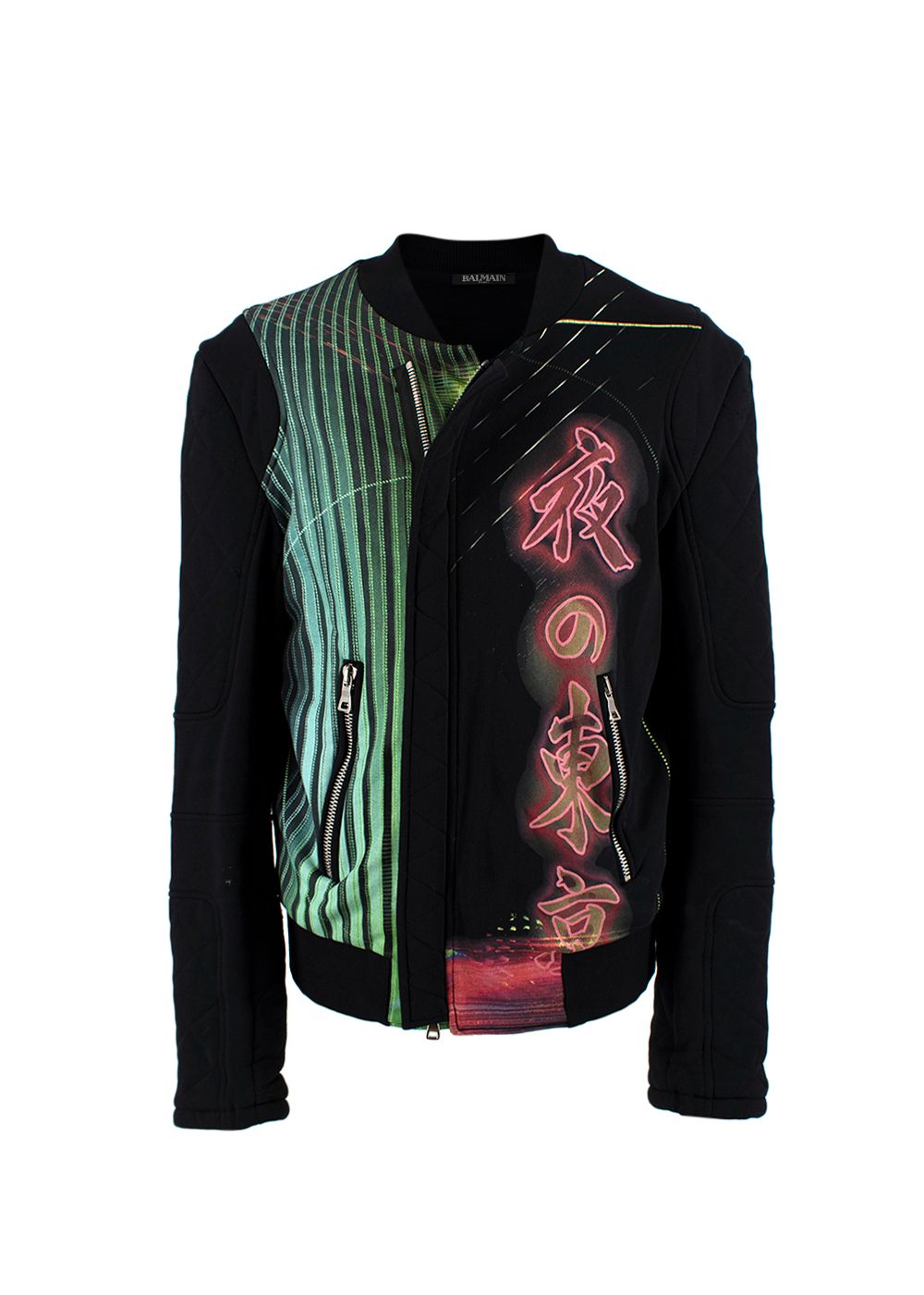 Men's Preowned Balmain Black Neon Lights Asymmetric Jacket Size M Black and Multi-coloured print cotton