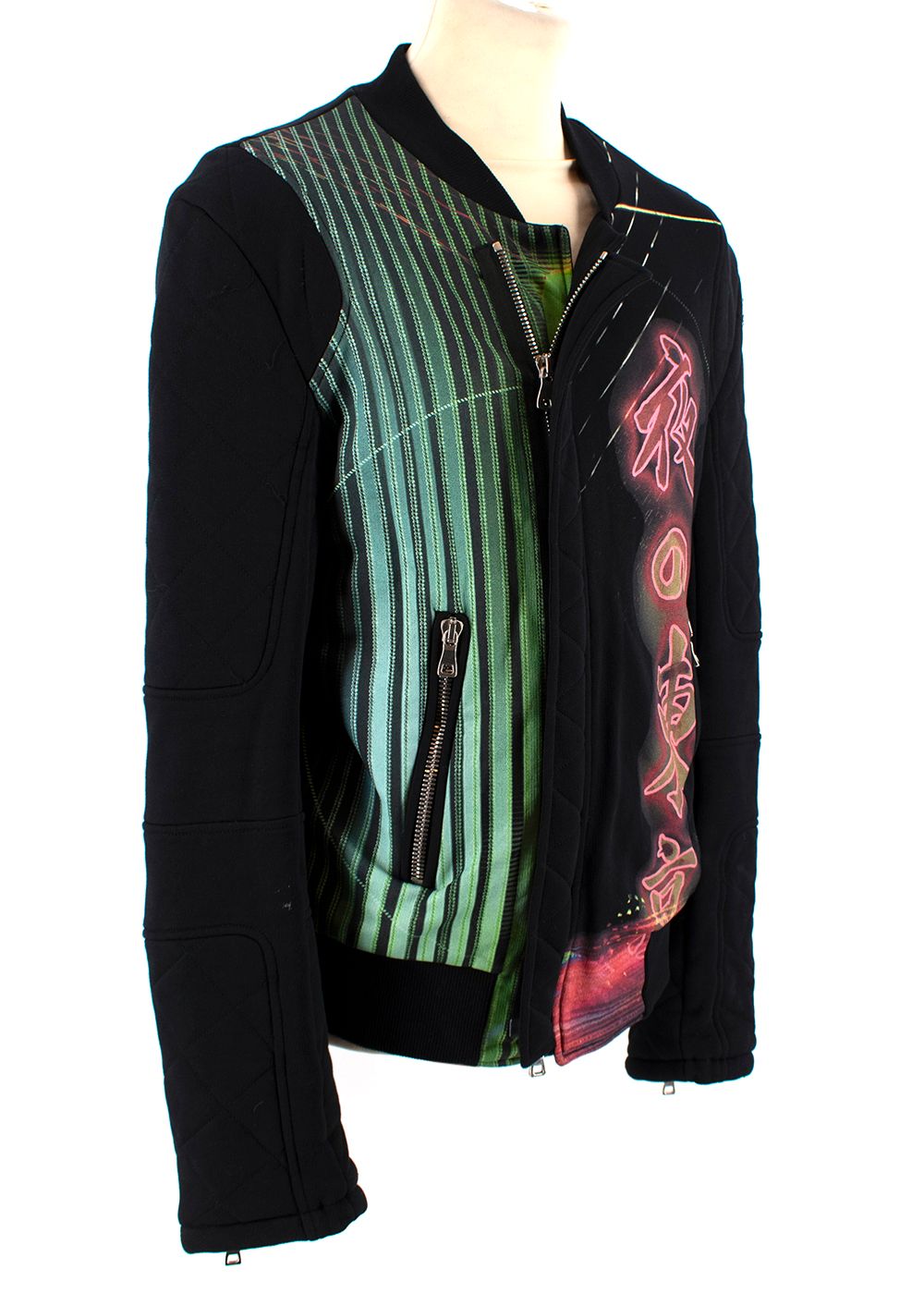 Men's Preowned Balmain Black Neon Lights Asymmetric Jacket Size M Black and Multi-coloured print cotton