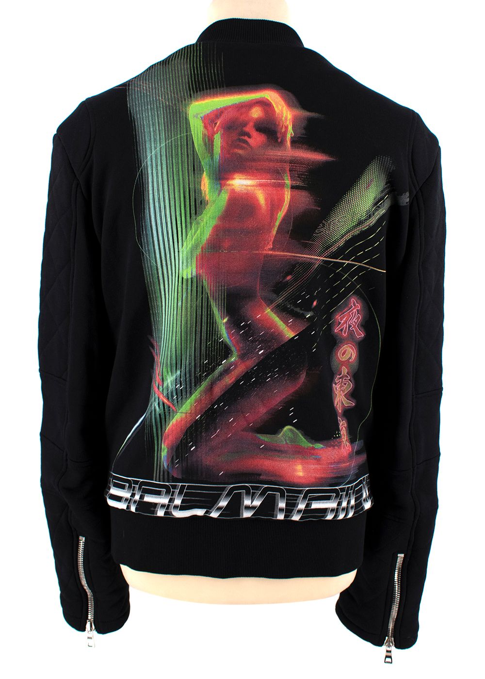 Men's Preowned Balmain Black Neon Lights Asymmetric Jacket Size M Black and Multi-coloured print cotton