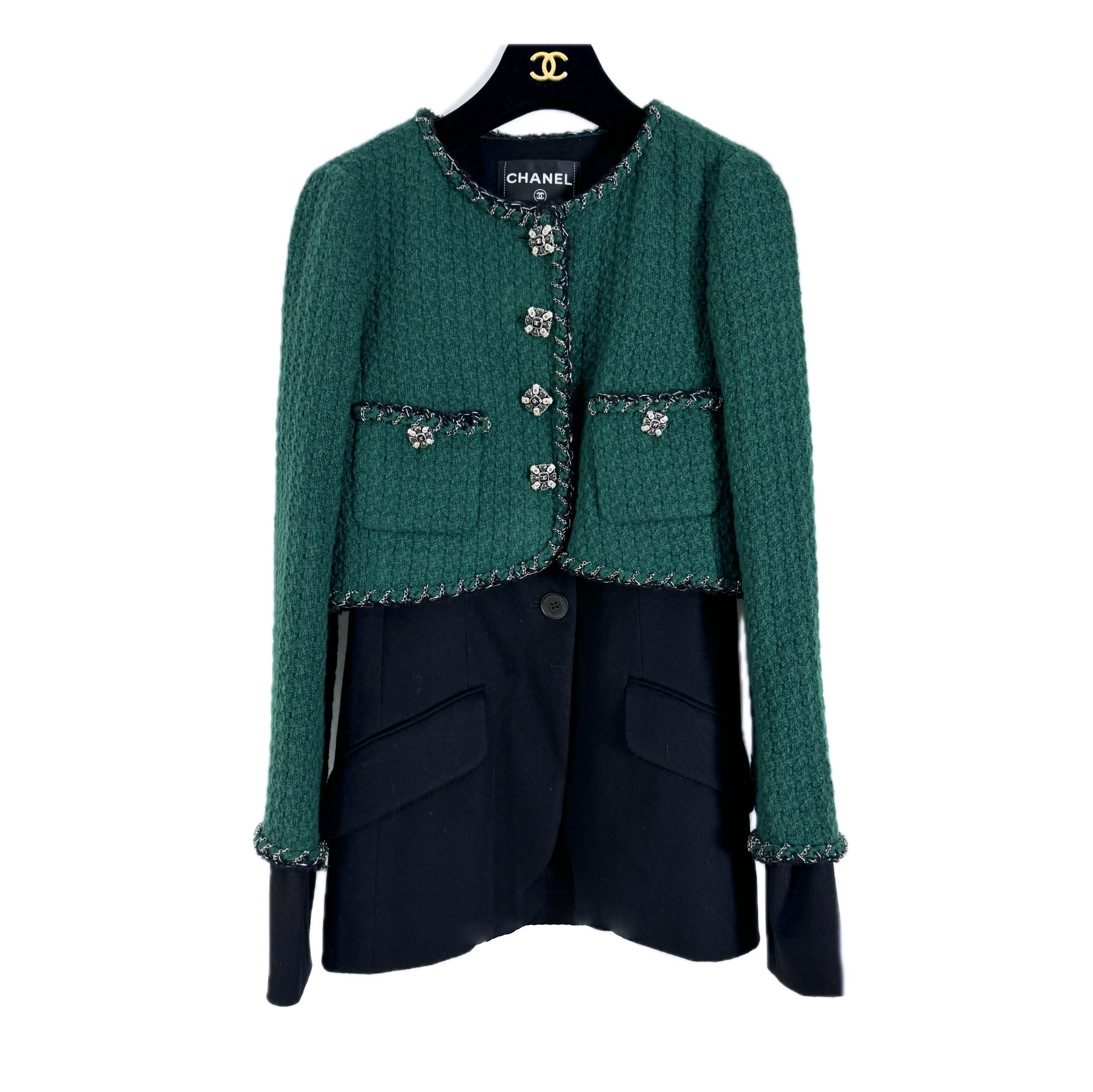 Chanel Emerald And Black Tweed Jacket with Gripoix Buttons Size XS green/black