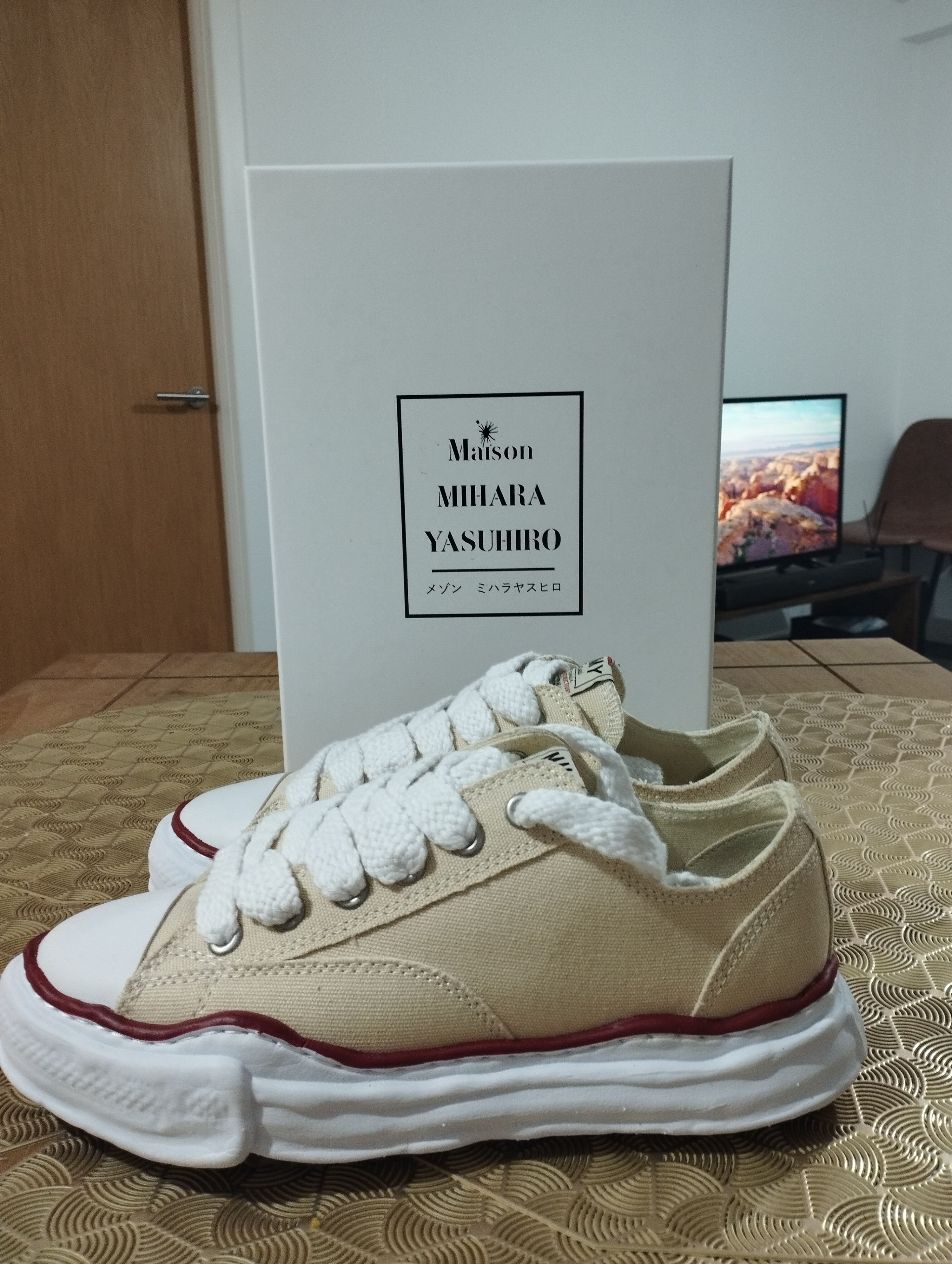 Men's Maison Mihara Yasuhiro Peterson Og Sole Canvas Low-top Sneaker Size 40 Cream/ beige cotton