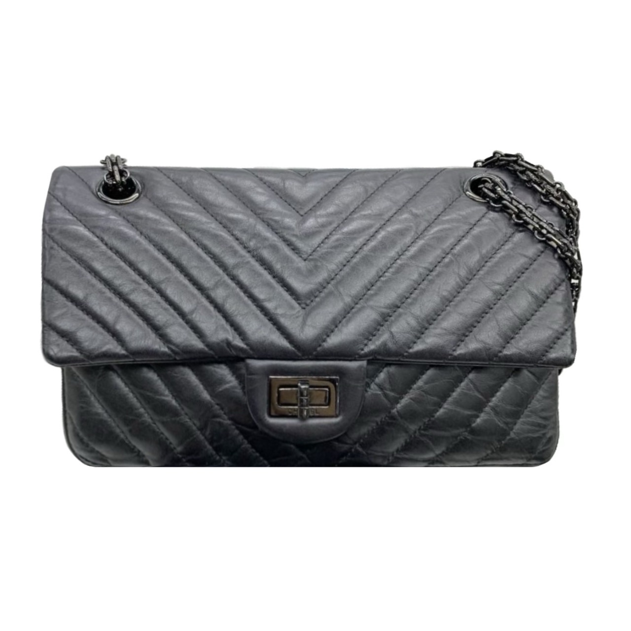 Chanel Quilted Black Chevron 255 Flap Bag