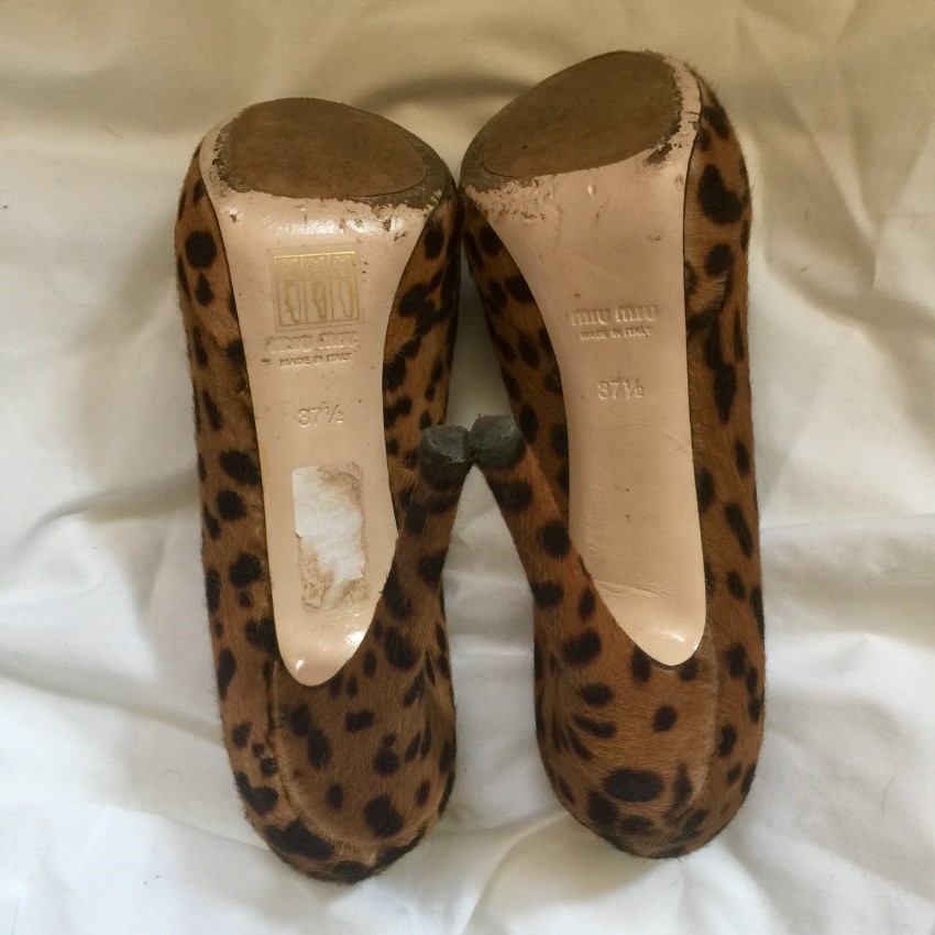 Preowned Miu Miu St Mini Leopard Peeptoe Pumps Size 375 Animal Print ponystyle calfskin