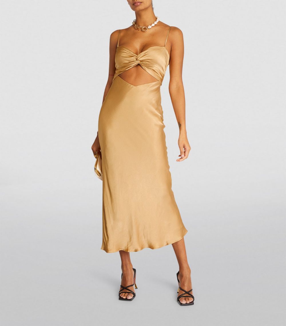 Shona Joy Gold Satin Oliveira Midi Dress Size S ecovero/viscose/polyester