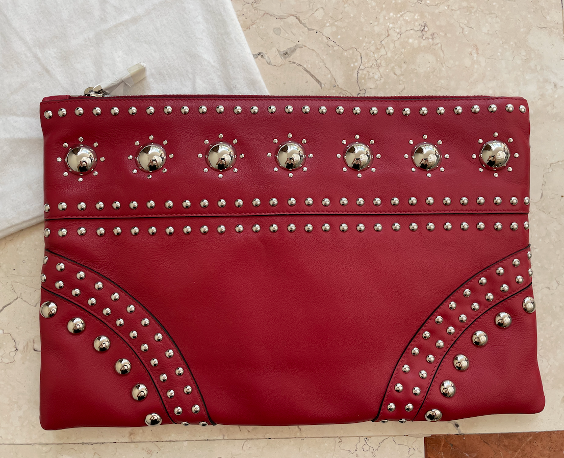 Preowned Prada Red Leather Studded Clutch Bag