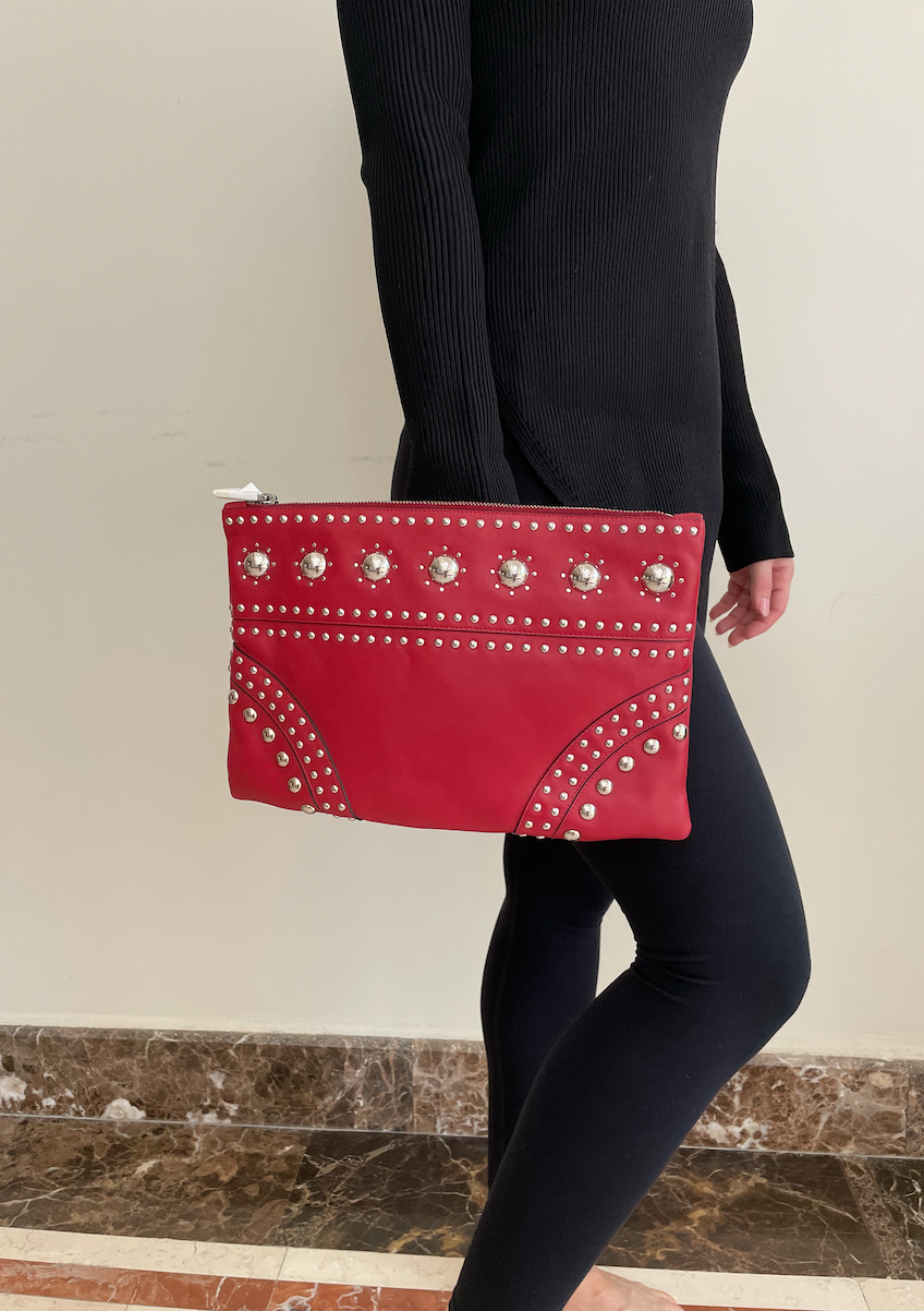 Preowned Prada Red Leather Studded Clutch Bag