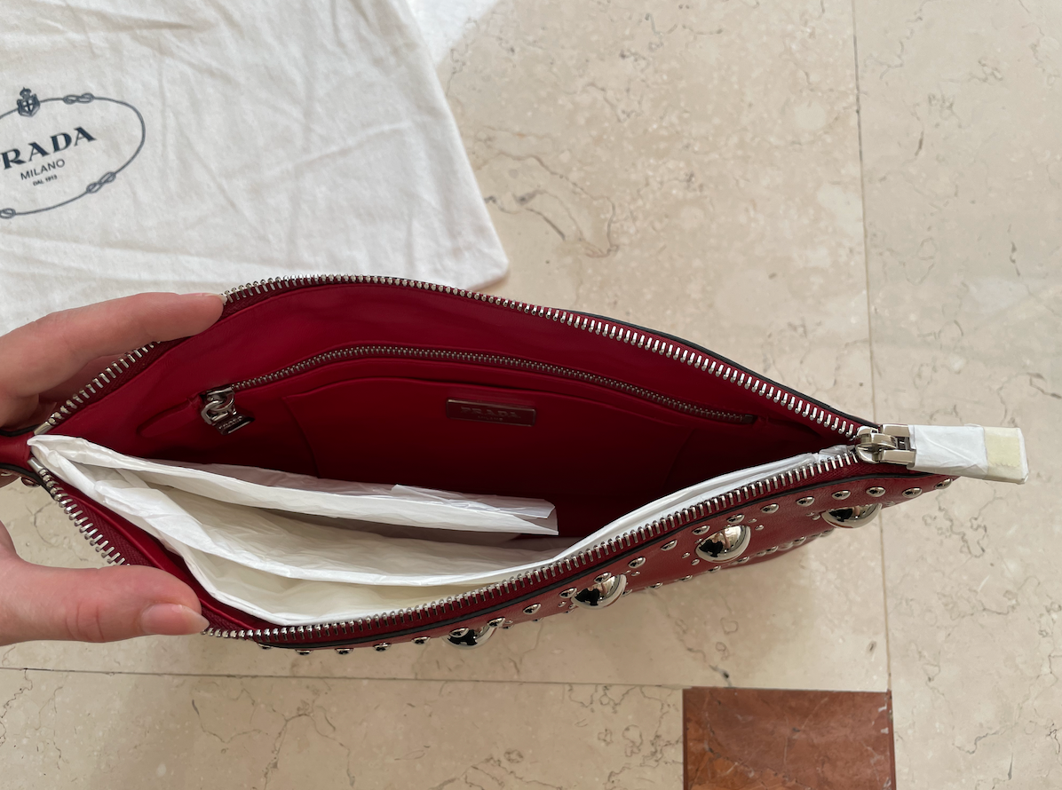 Preowned Prada Red Leather Studded Clutch Bag