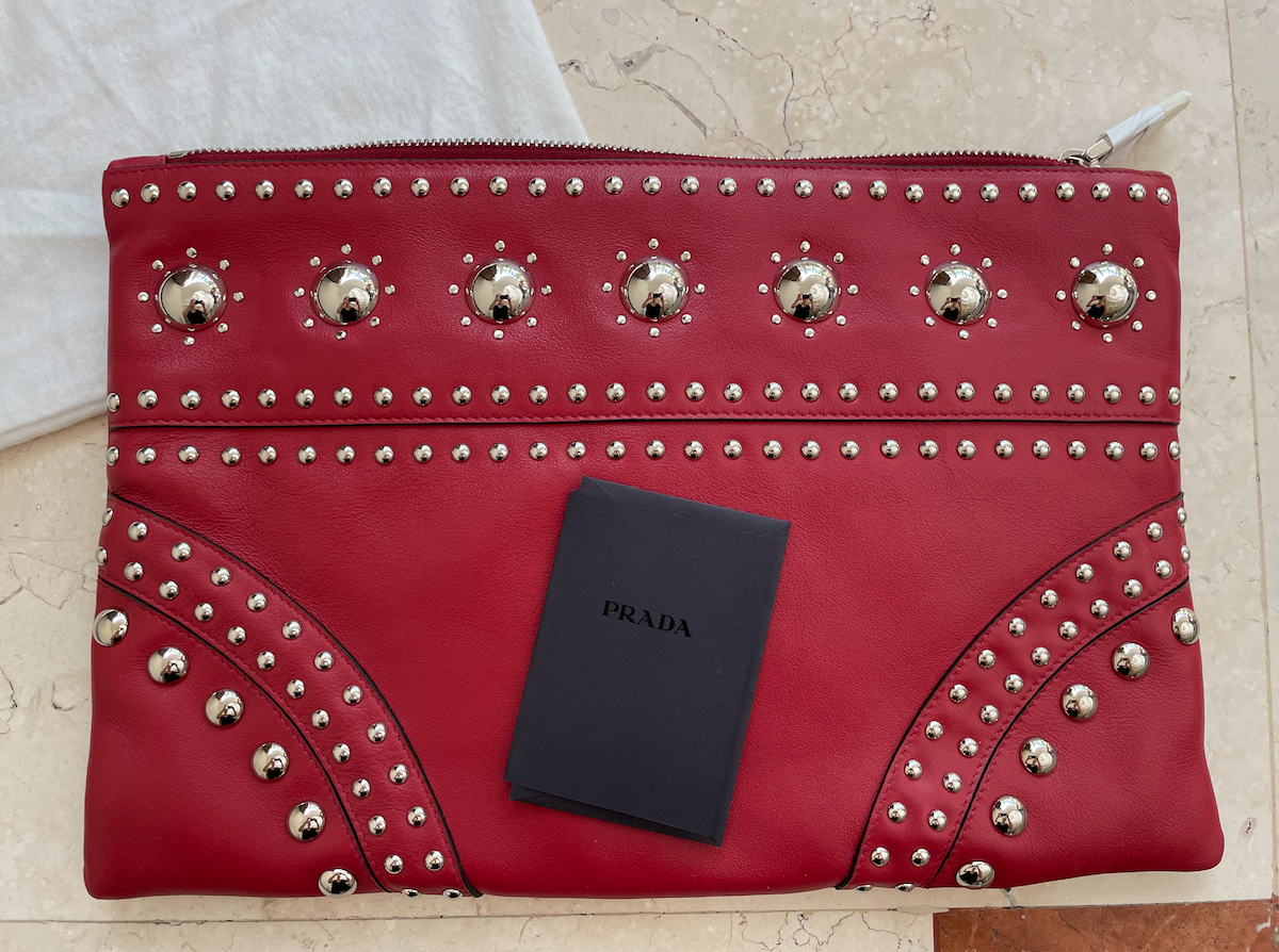 Preowned Prada Red Leather Studded Clutch Bag