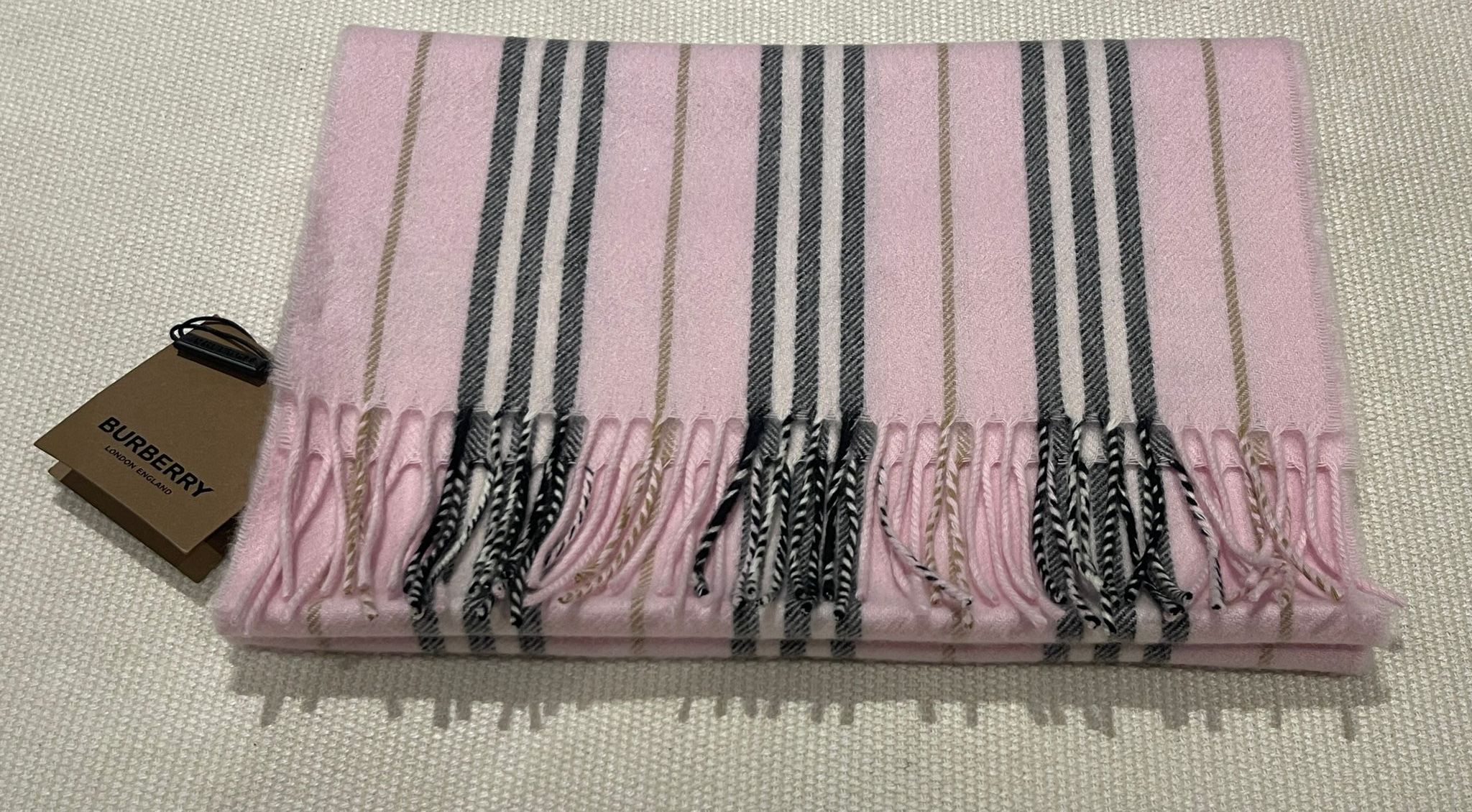 Burberry Pink Striped Cashmere  Wool Scarf Alabaster Pink