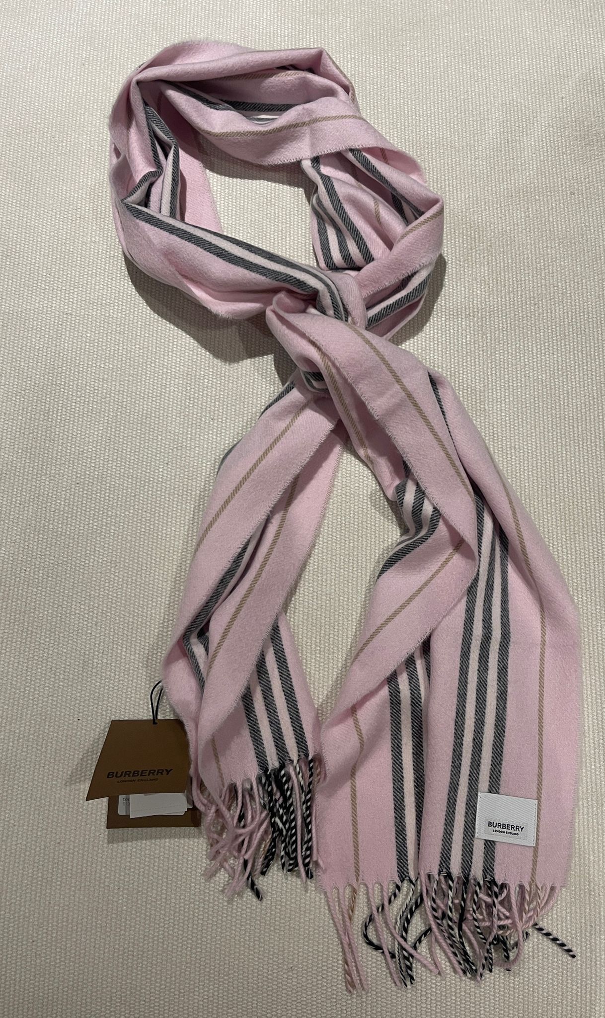 Burberry Pink Striped Cashmere  Wool Scarf Alabaster Pink