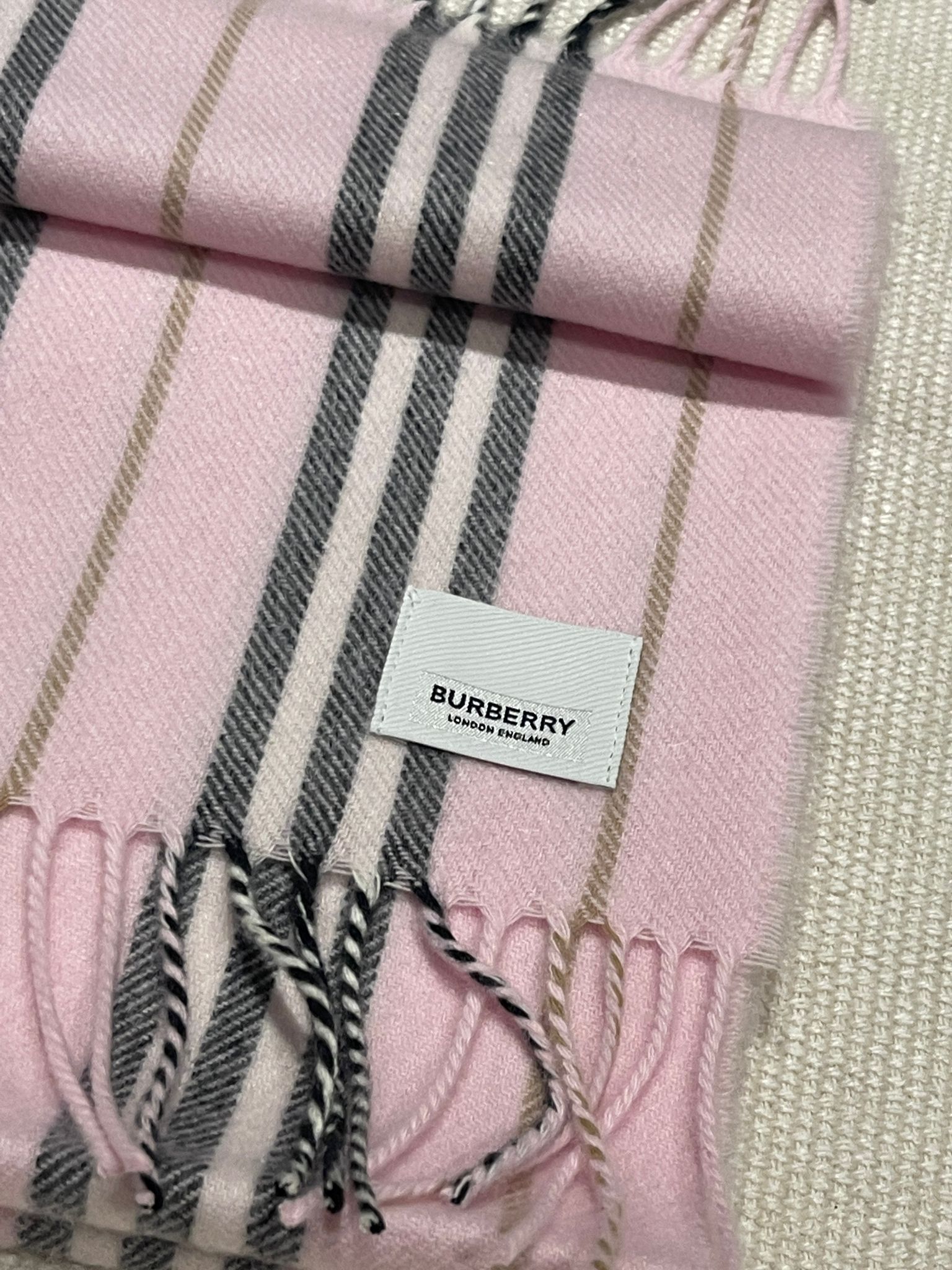 Burberry Pink Striped Cashmere  Wool Scarf Alabaster Pink