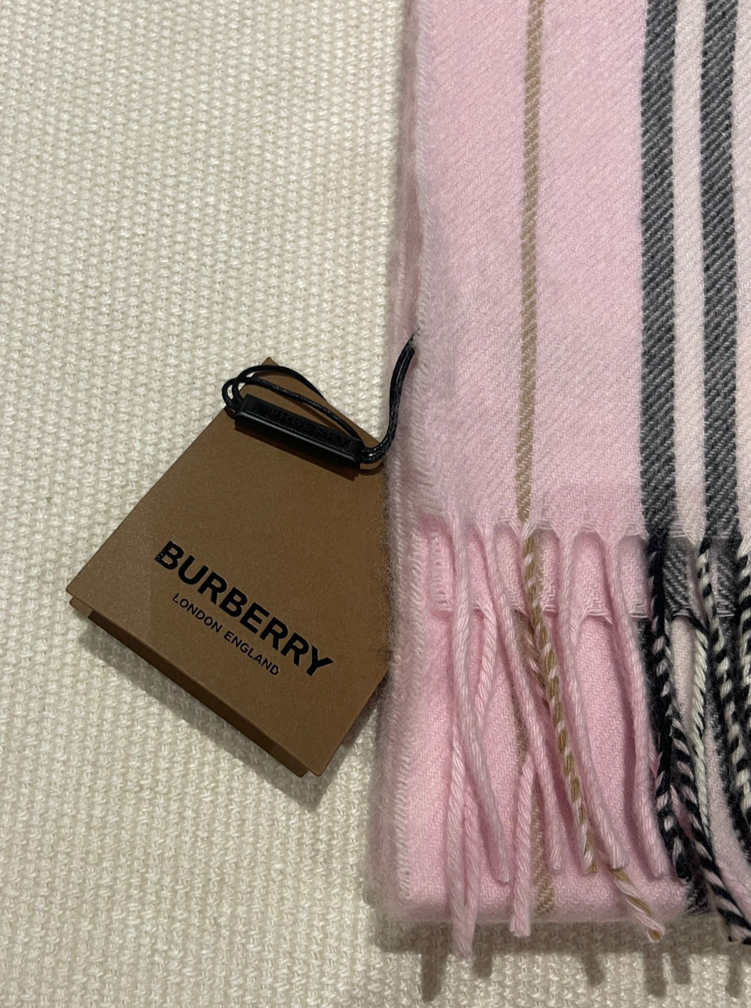 Burberry Pink Striped Cashmere  Wool Scarf Alabaster Pink