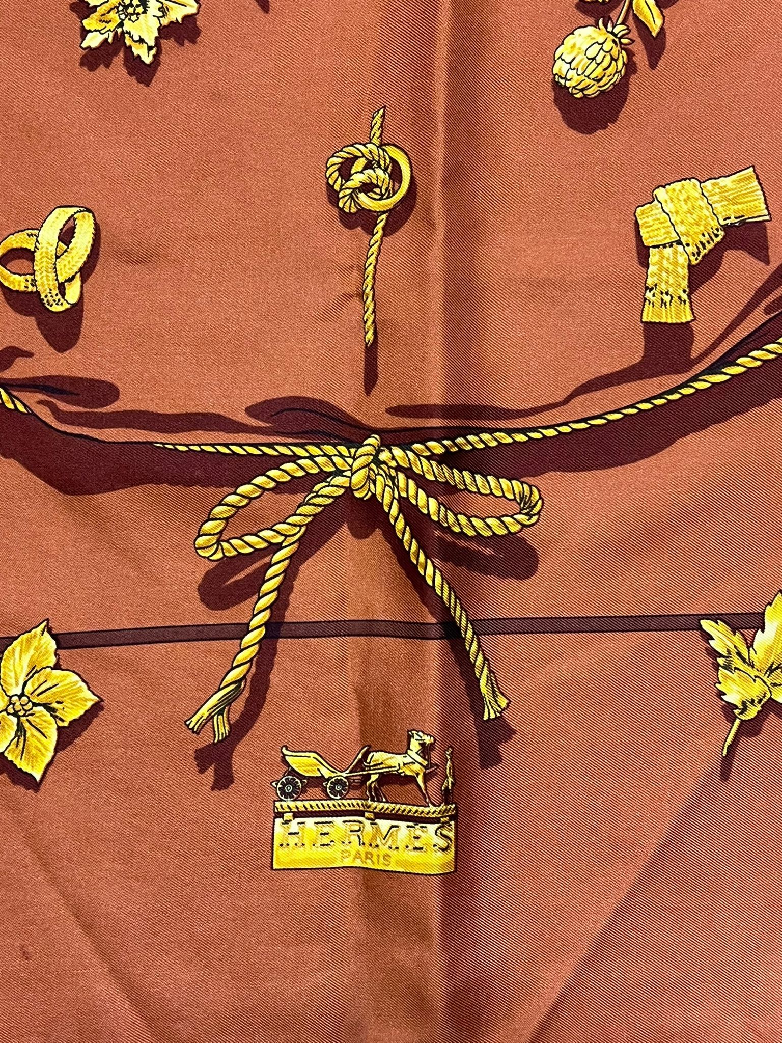 Preowned Hermes Orange Silk Scarf Copperorange gold yellow brown