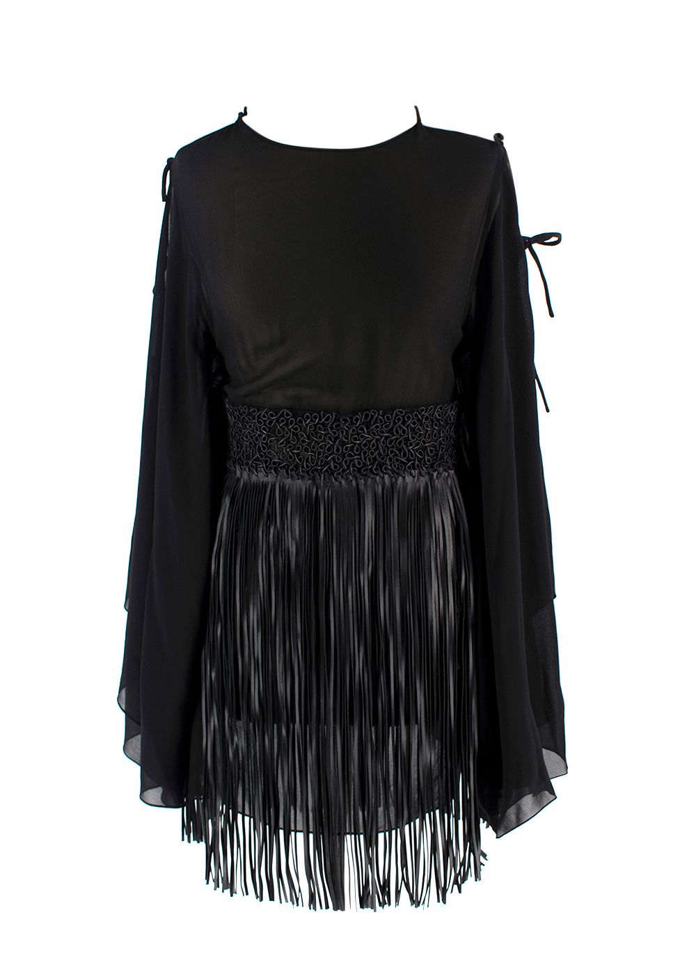 Christian Dior Black Leather Fringe Tunic Mini Dress Size XXS silk