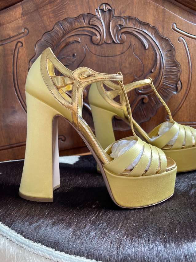 Miu Miu Gold Leather  Yellow Satin Platform Sandals Size 375