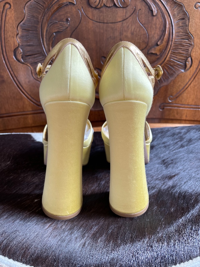 Miu Miu Gold Leather  Yellow Satin Platform Sandals Size 375