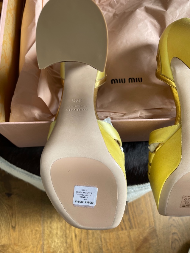 Miu Miu Gold Leather  Yellow Satin Platform Sandals Size 375