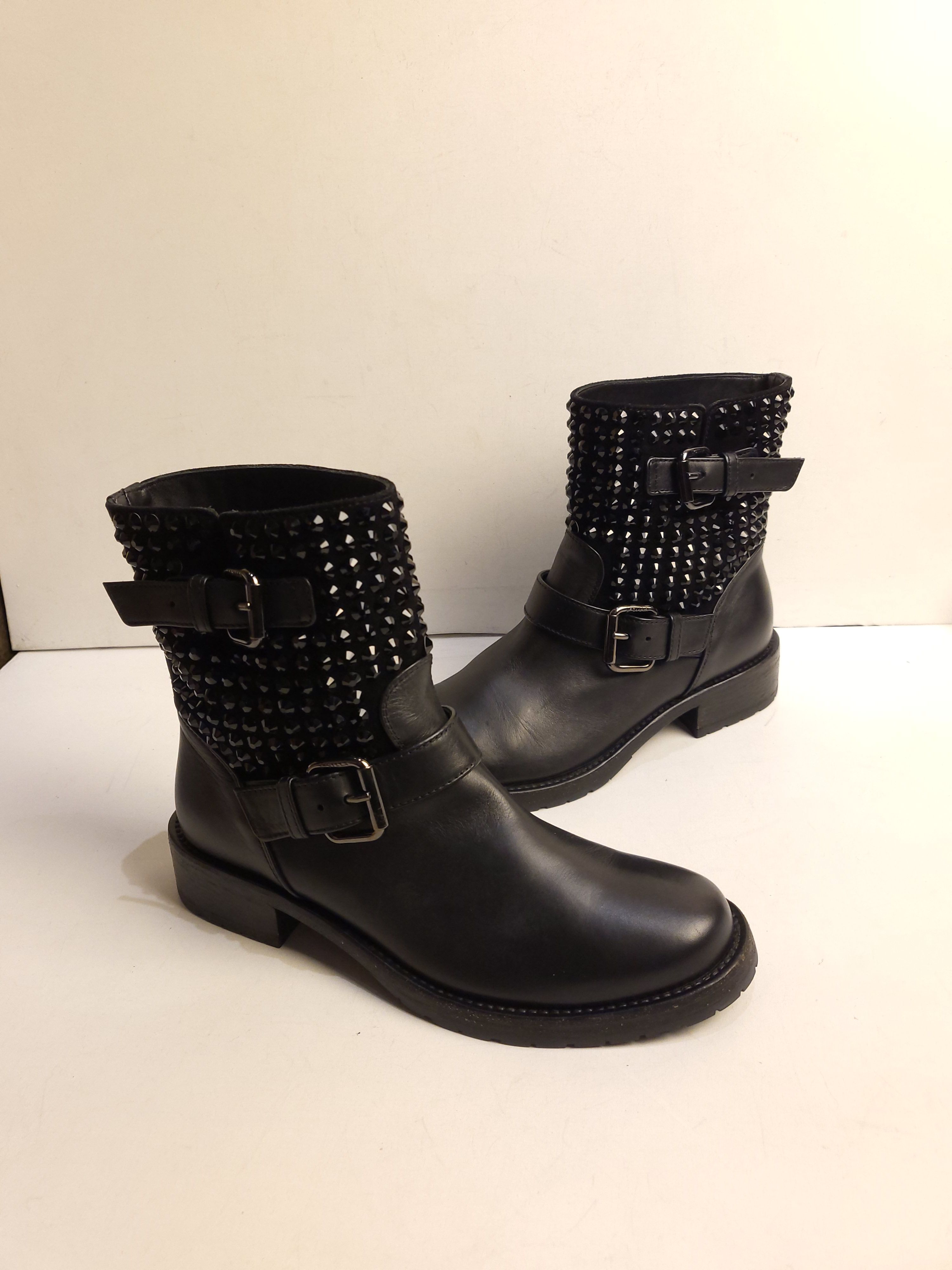 Preowned black leather studded biker boots Size 36