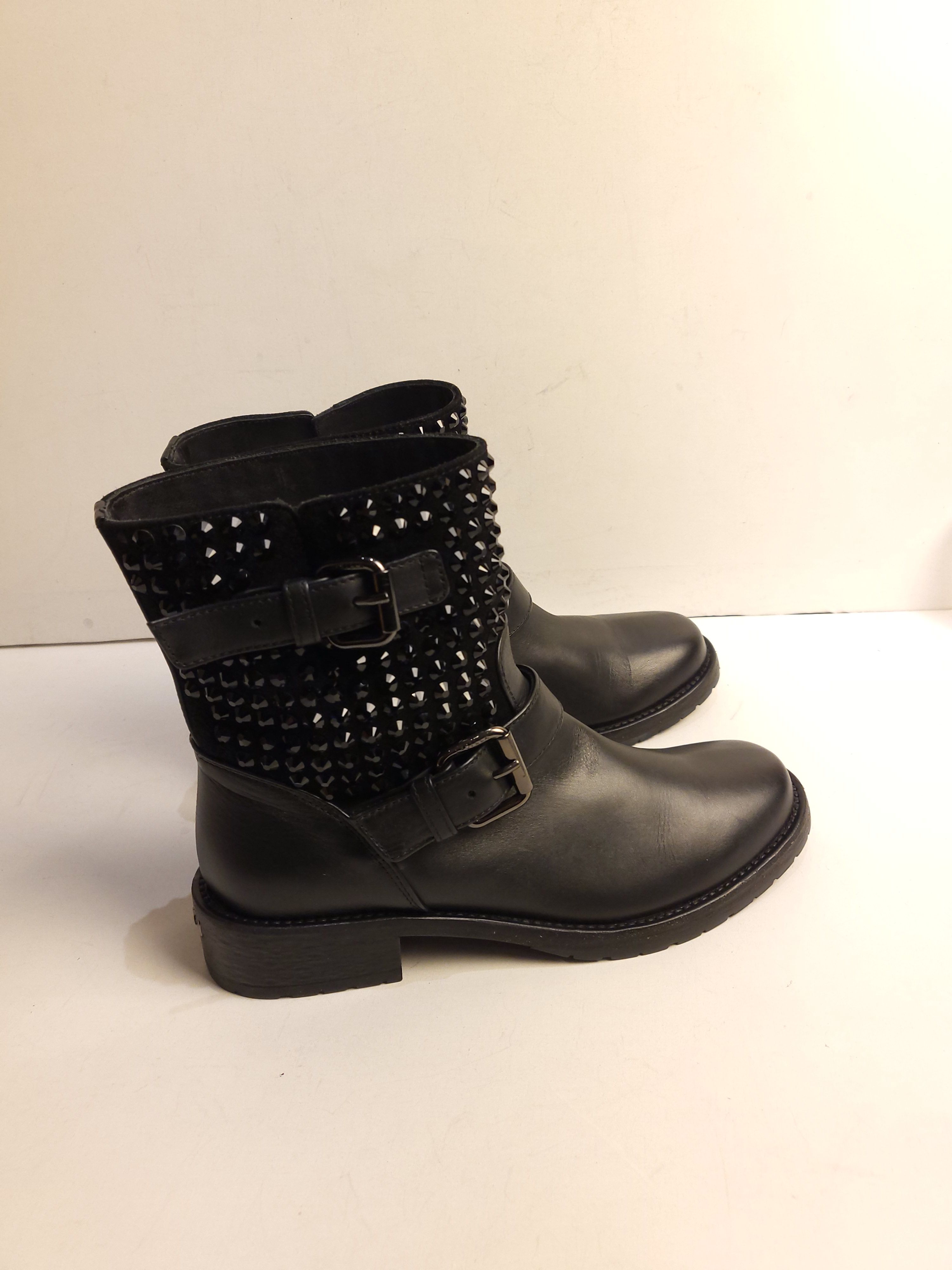 Preowned black leather studded biker boots Size 36