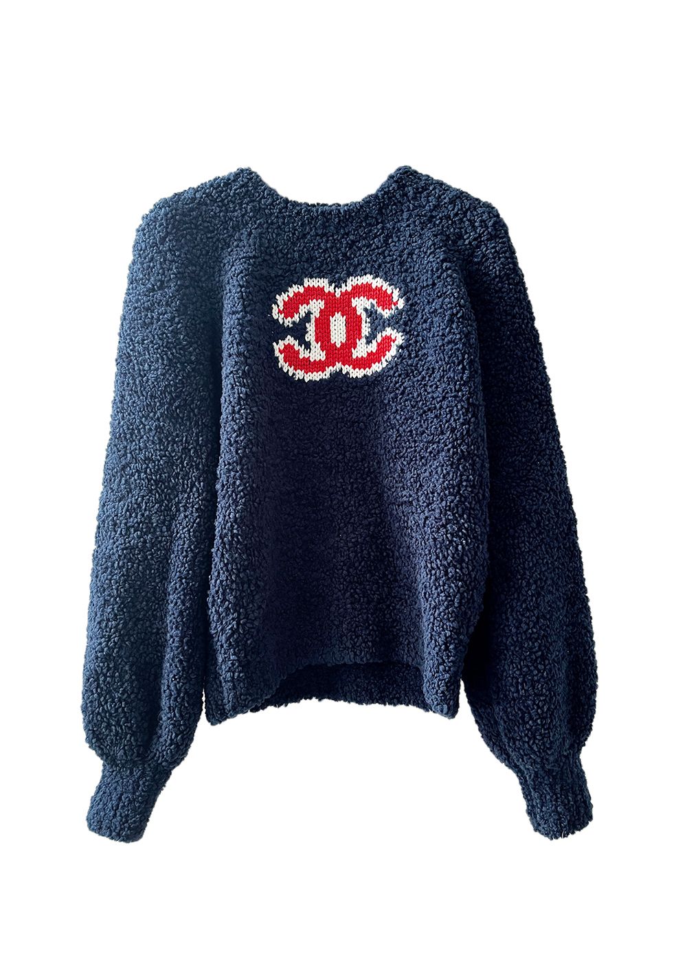 Preowned Chanel Navy Teddy CC Logo Jumper Size S Navy red teddy wool