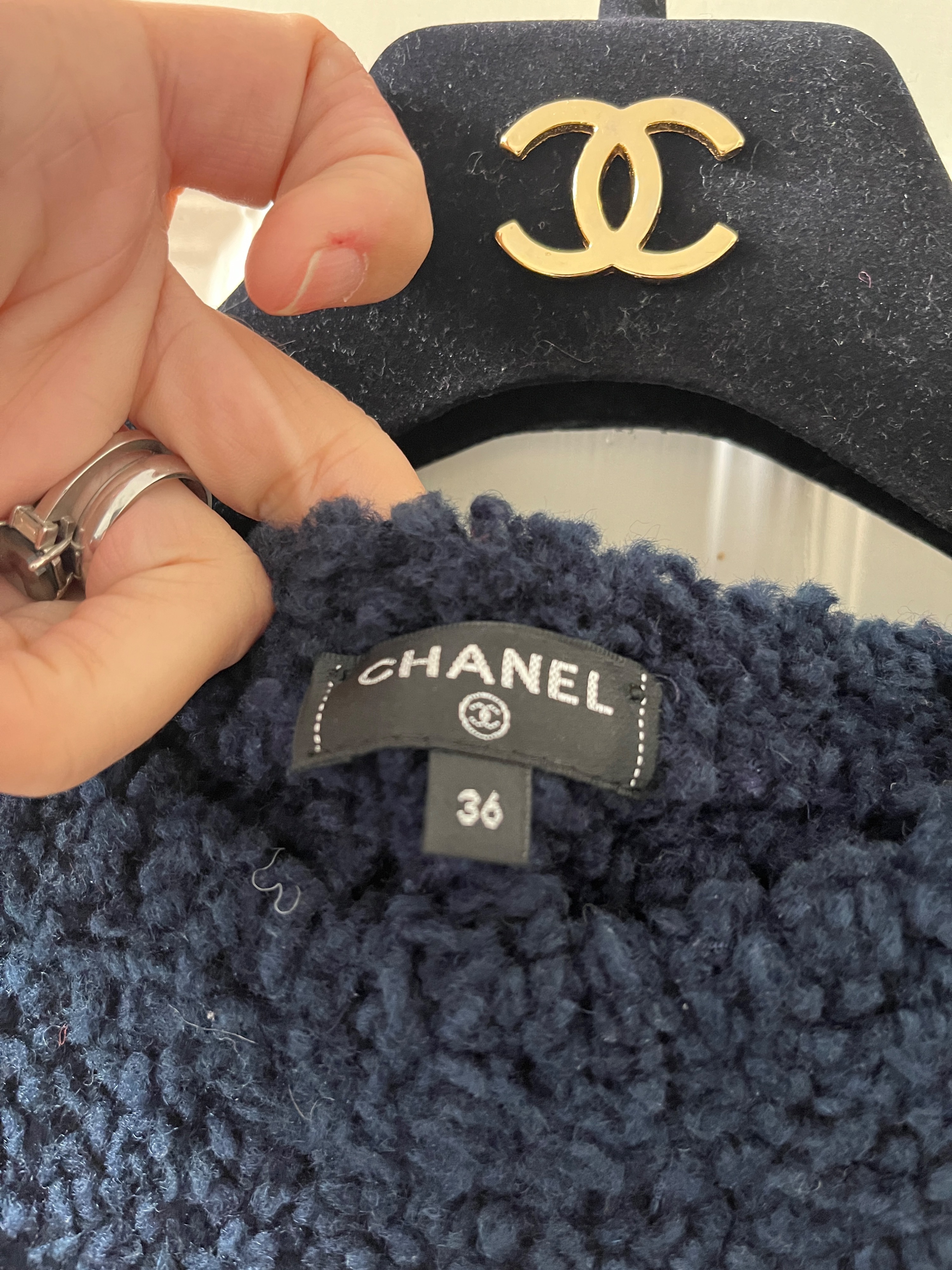 Preowned Chanel Navy Teddy CC Logo Jumper Size S Navy red teddy wool