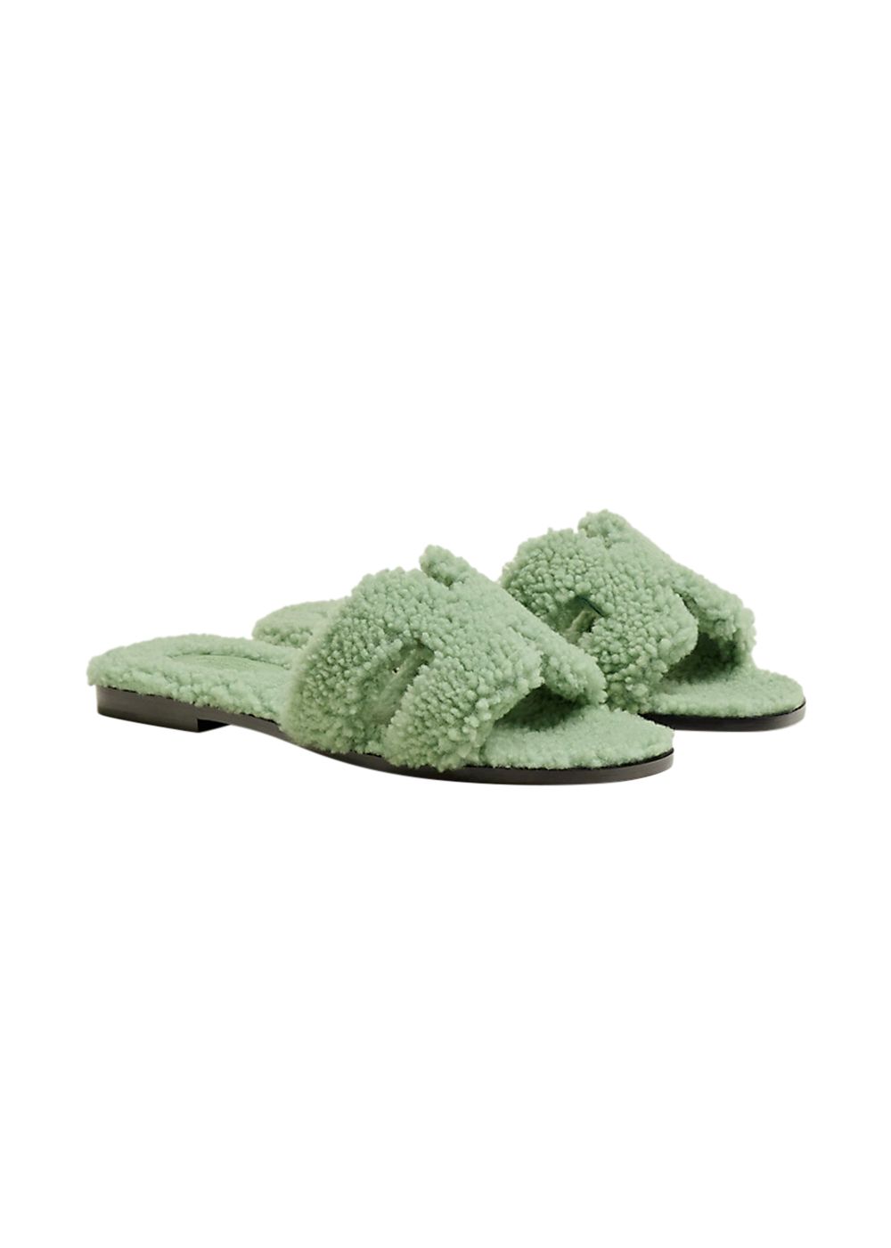 Hermes Vert D'eau Shearling Oran Sandals Size 38 VERT DE EU fur