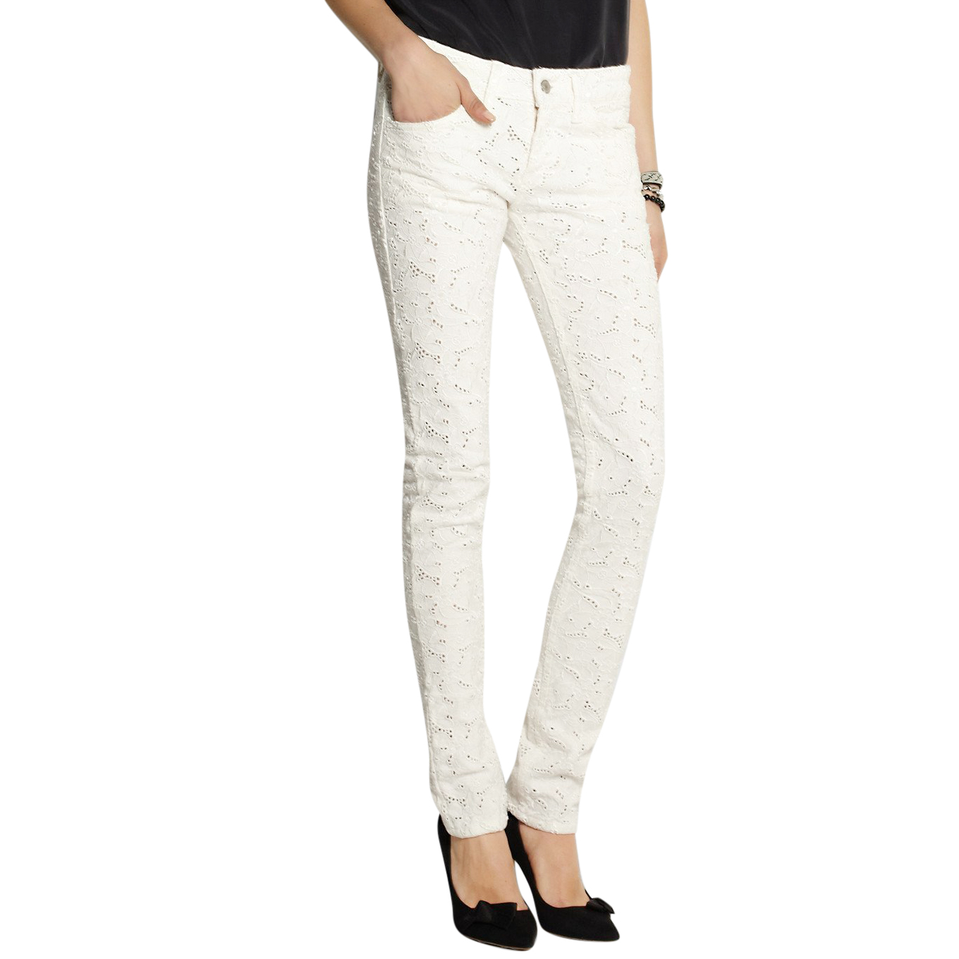 Isabel Marant Etoile Mael Broderie Anglaise Low-Rise Skinny Jeans Size M White cotton