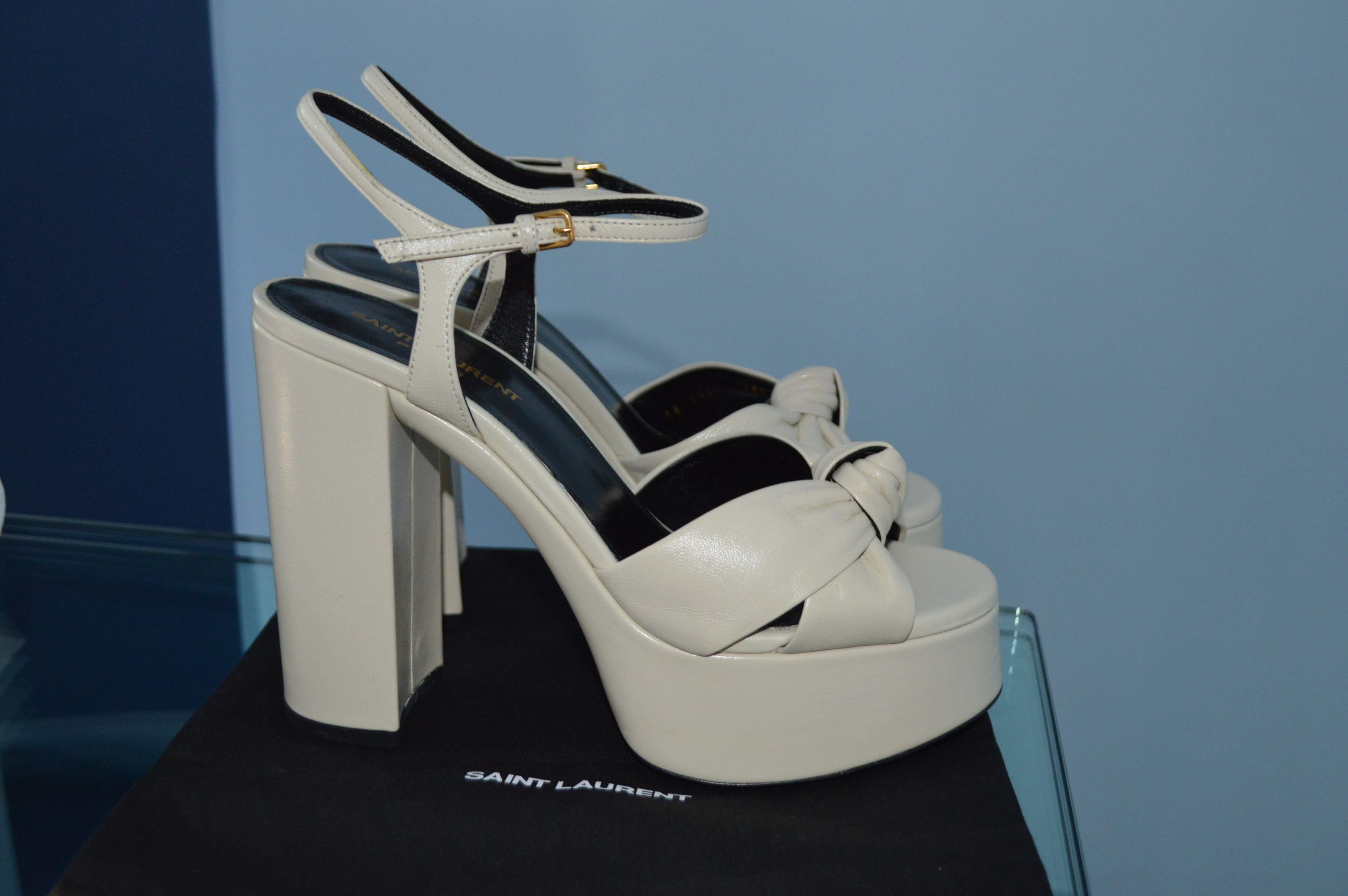 Saint Laurent Cream Platform Sandals Size 38 white leather