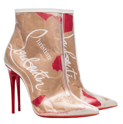 Preowned Christian Louboutin Limited Edition PVC Heeled Boots Size 395 Beige/White/Red patent leather