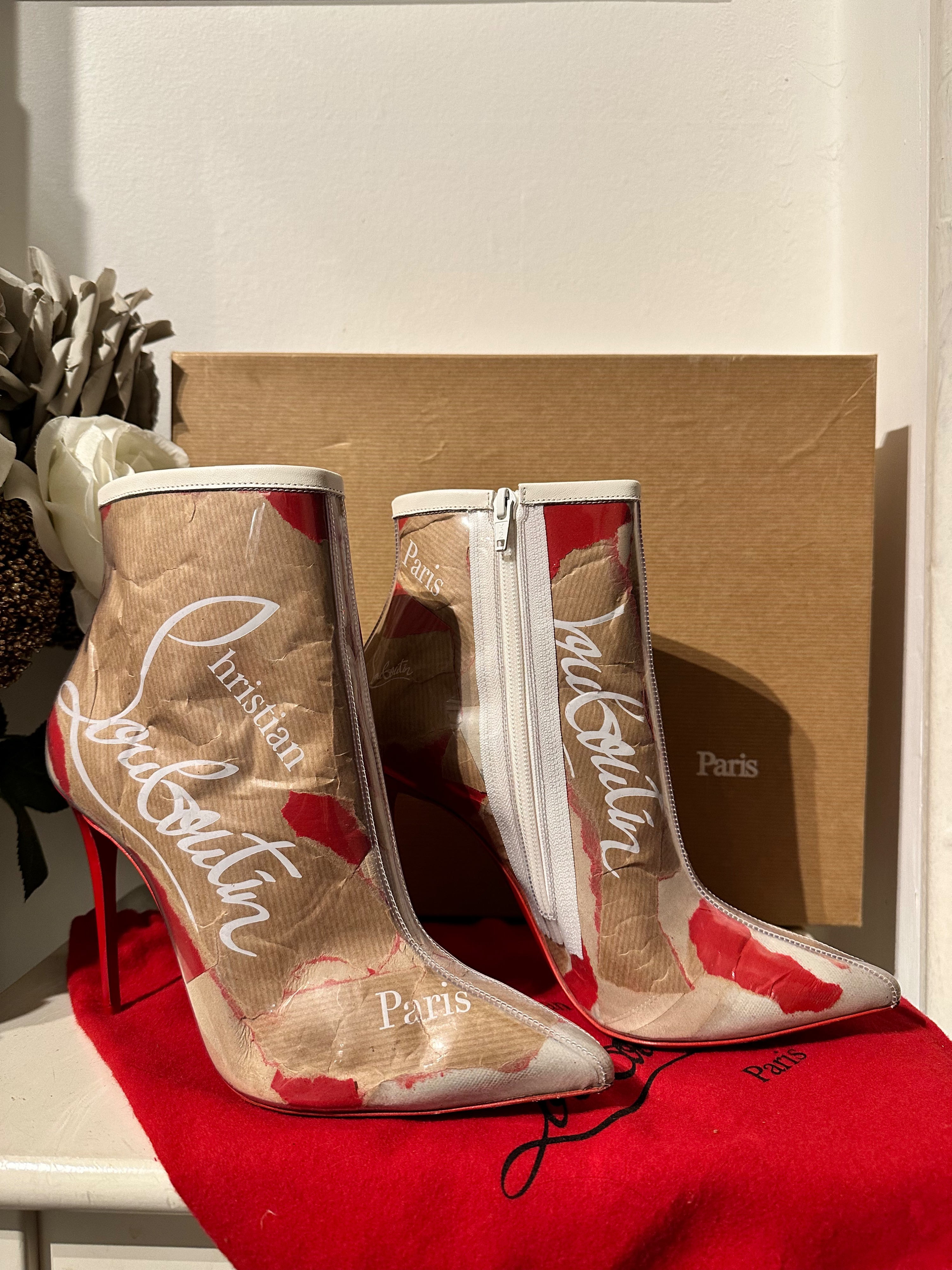 Preowned Christian Louboutin Limited Edition PVC Heeled Boots Size 395 Beige/White/Red patent leather