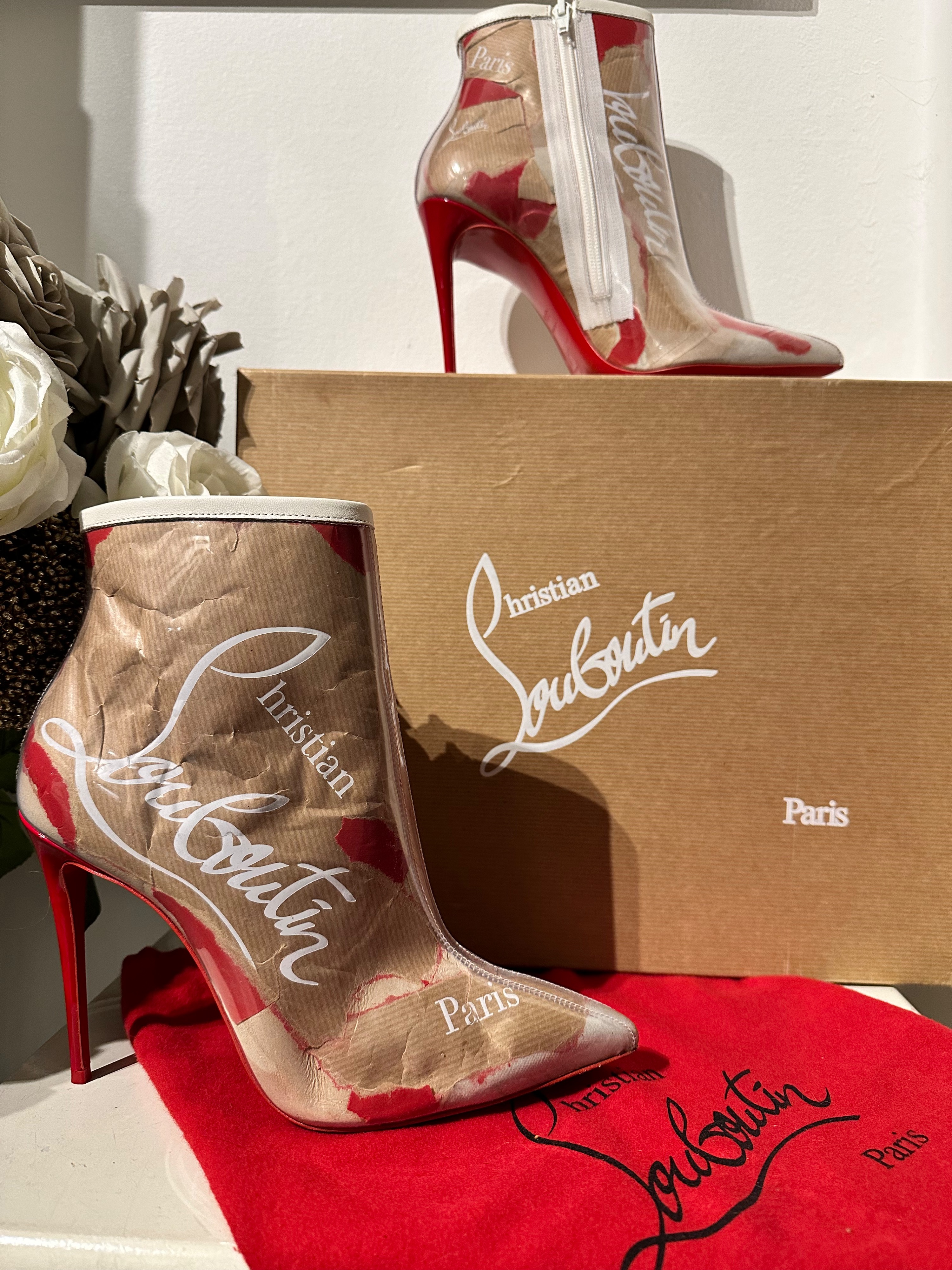 Preowned Christian Louboutin Limited Edition PVC Heeled Boots Size 395 Beige/White/Red patent leather