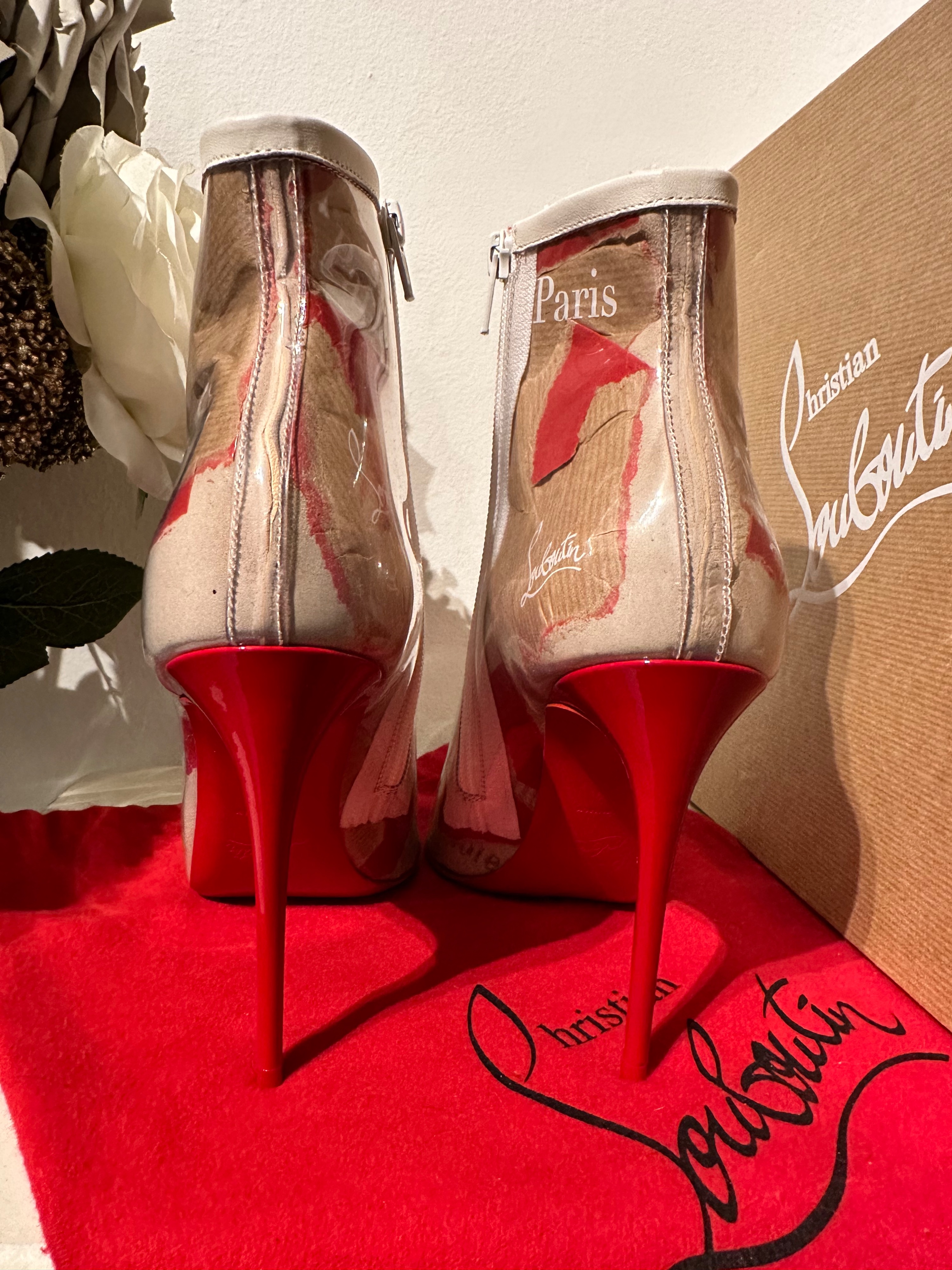 Preowned Christian Louboutin Limited Edition PVC Heeled Boots Size 395 Beige/White/Red patent leather