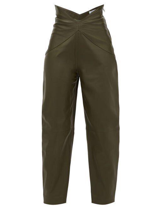 Preowned Attico Butterfly-insert High-waist Leather Trousers Size S Khaki-green