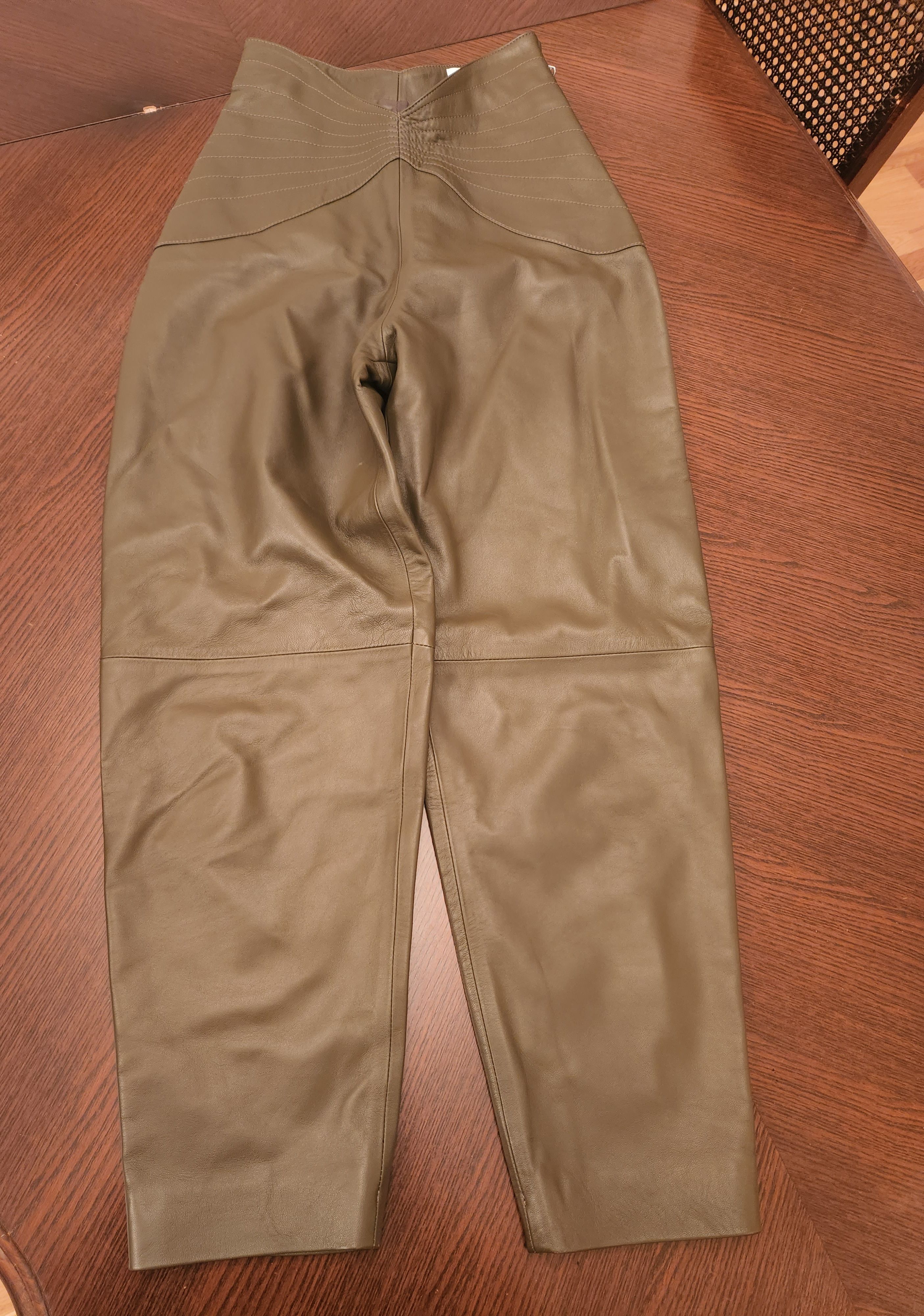 Preowned Attico Butterfly-insert High-waist Leather Trousers Size S Khaki-green