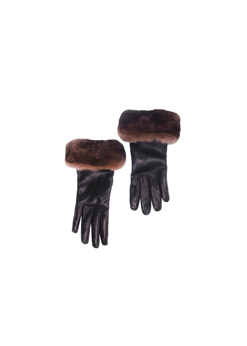 FurbySD Chinchilla Fur Trim Leather Gloves Size M Black