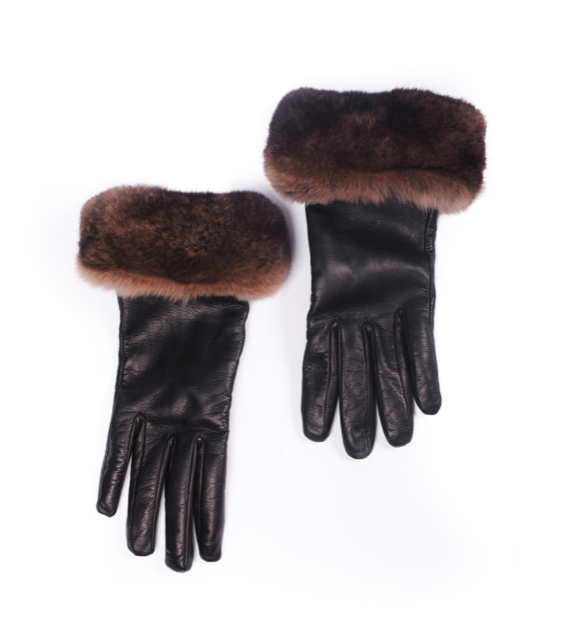 FurbySD Chinchilla Fur Trim Leather Gloves Size M Black