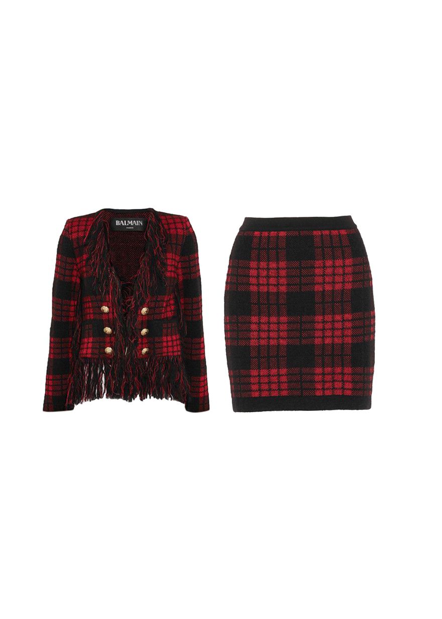 Preowned Balmain Red  Black Plaid Skirt  Jacket Size M Tartan black and red wool