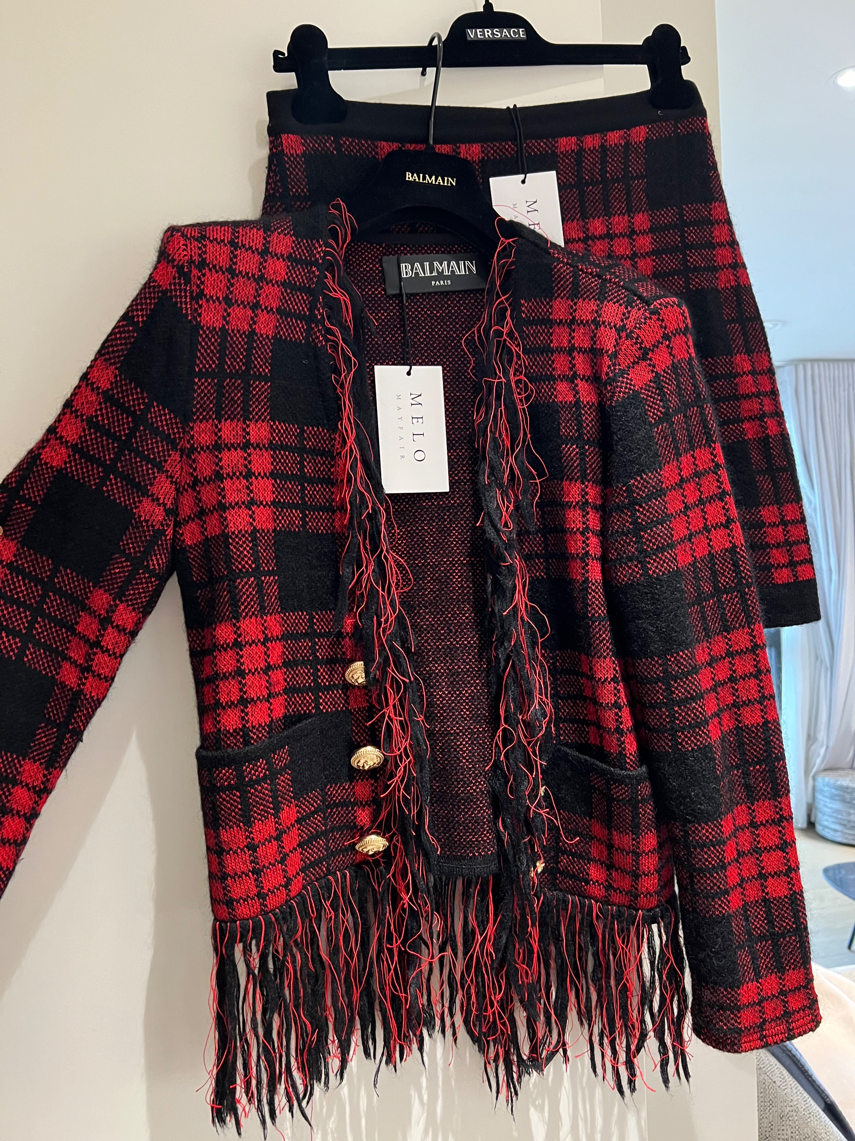 Preowned Balmain Red  Black Plaid Skirt  Jacket Size M Tartan black and red wool