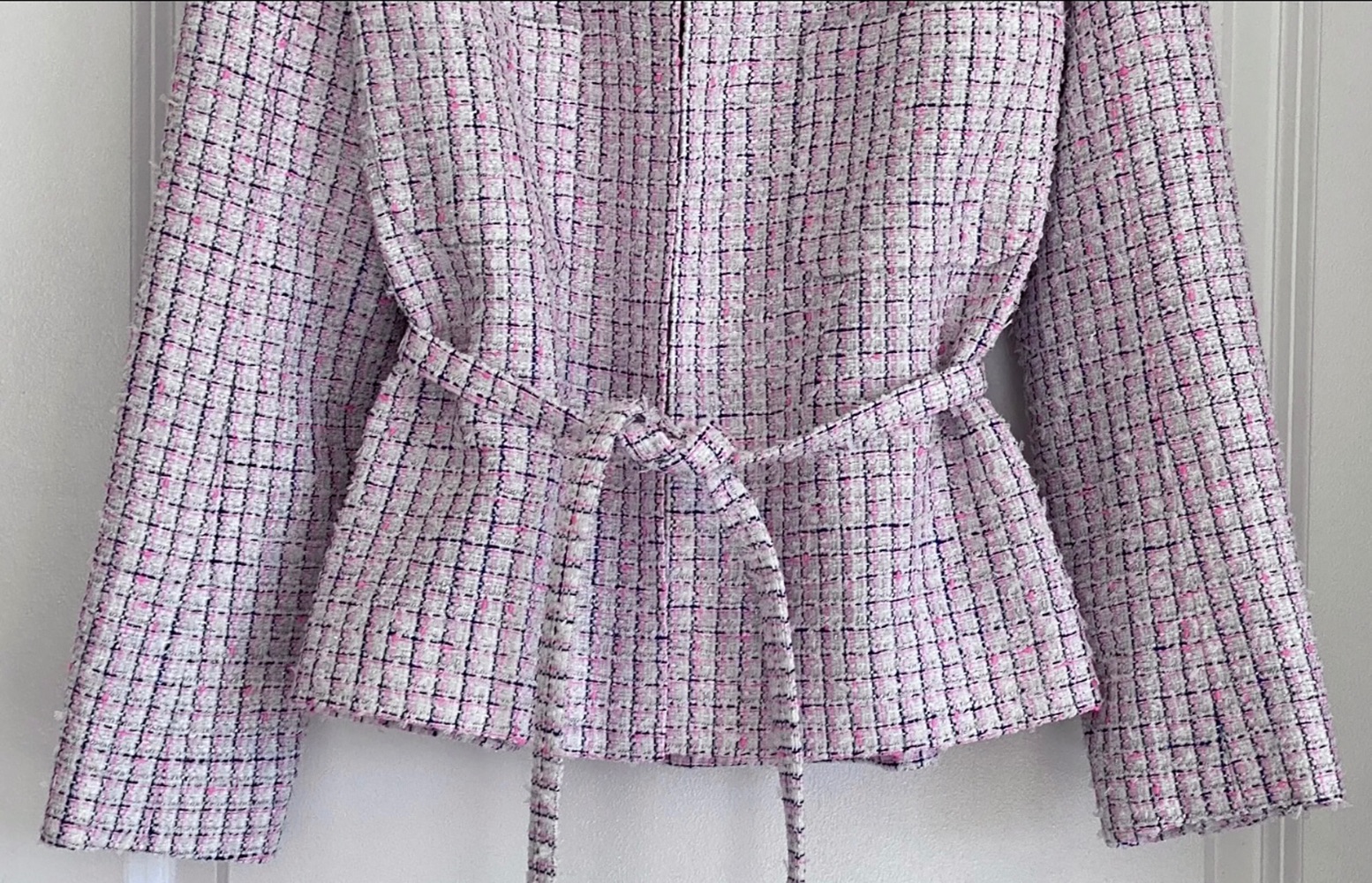 Chanel Pink Tweed Belted Jacket Size S lilac