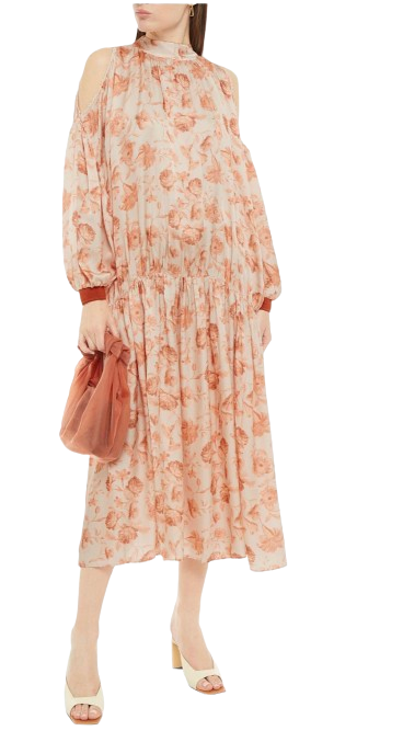 Preowned Mother of Pearl Floral Print Cold Shoulder Midi Dress Size 40 peach silk