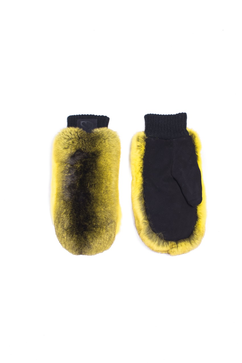 FurbySD Yellow  Black Chinchilla Fur  Leather Mittens