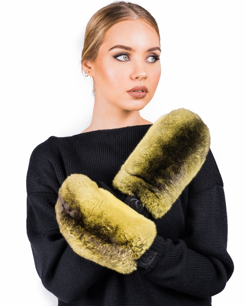 FurbySD Yellow  Black Chinchilla Fur  Leather Mittens