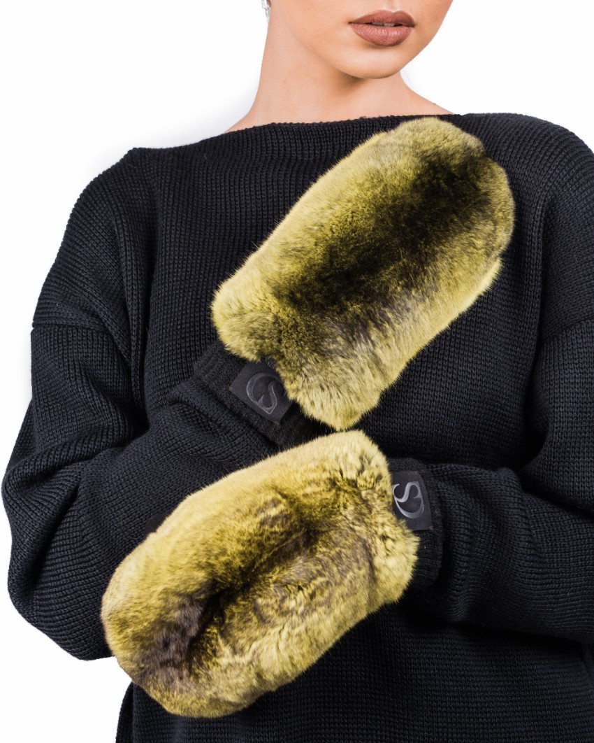 FurbySD Yellow  Black Chinchilla Fur  Leather Mittens