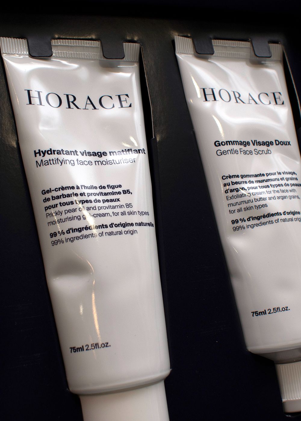 Horace Face Cleanser Moisturiser and Scrub Set with Concealers  Flow Fluid blue white cleanser/scrub/moisturiser