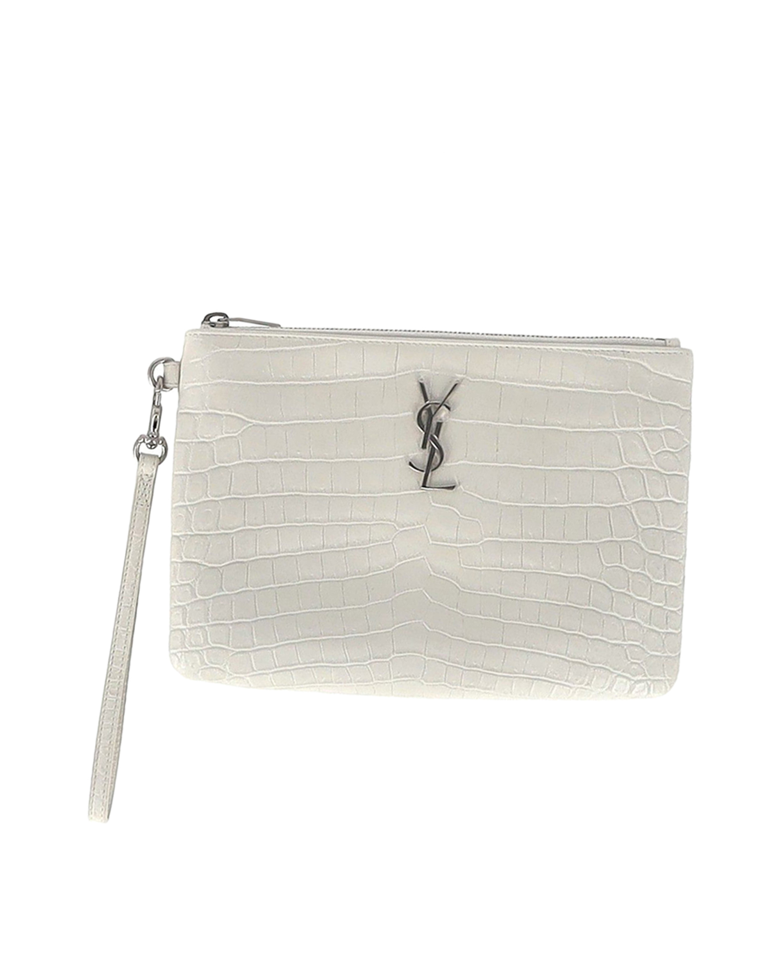 Preowned Saint Laurent Zip Pouch in White Croc-Embossed Leather