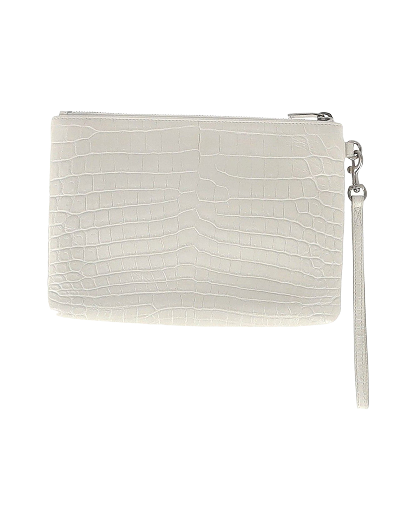 Preowned Saint Laurent Zip Pouch in White Croc-Embossed Leather