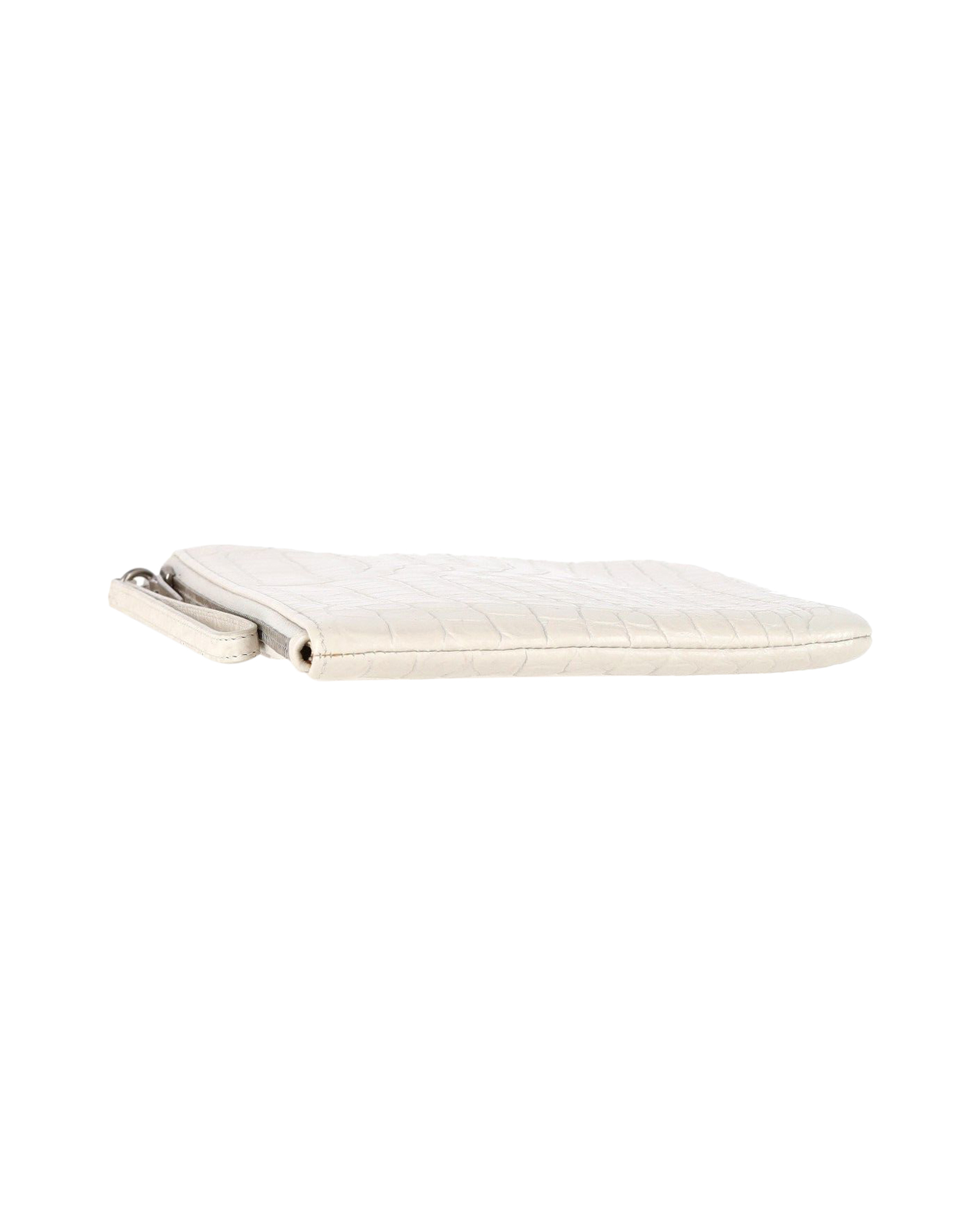 Preowned Saint Laurent Zip Pouch in White Croc-Embossed Leather