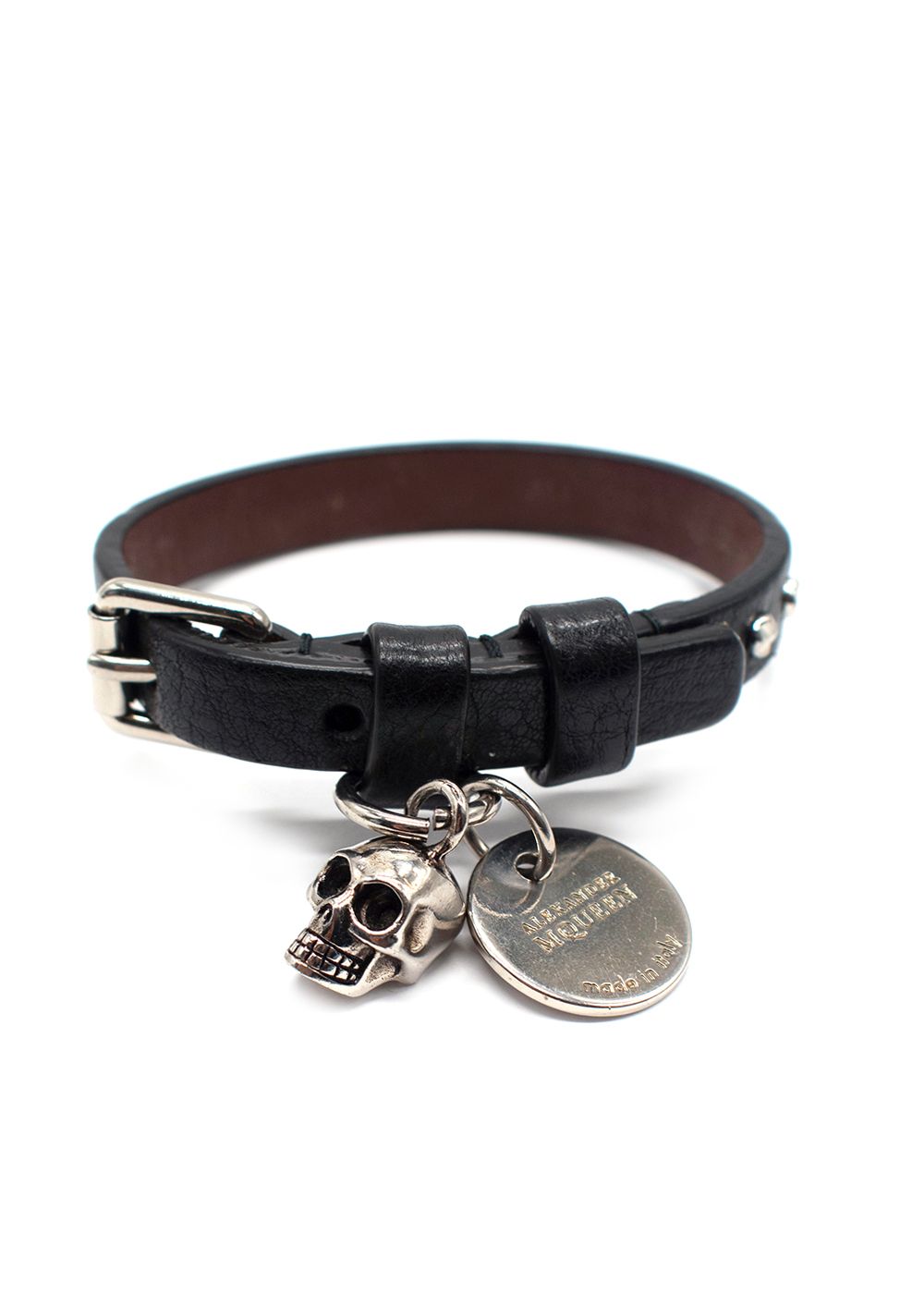 Men's Preowned Alexander McQueen Black Skull Embellished Leather Studded Bracelet