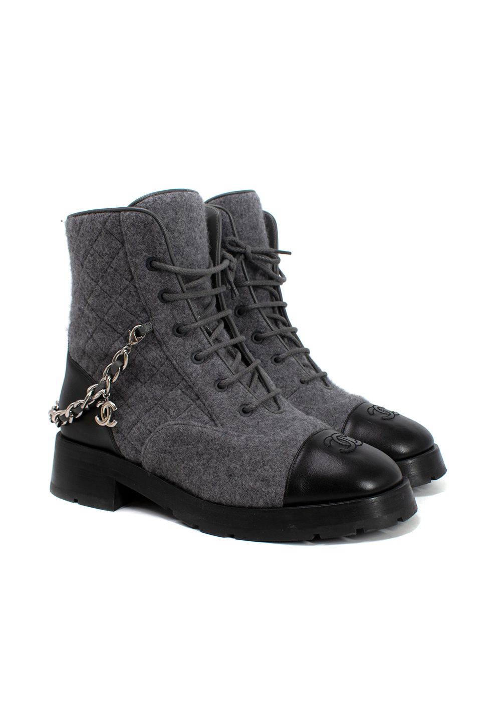 Preowned Chanel Grey Quilted Wool Biker Boots with Chain Detail Size 41 grey black leather