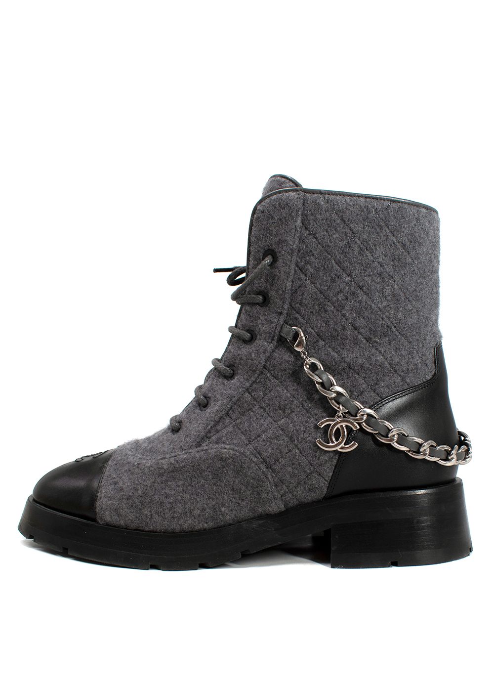 Preowned Chanel Grey Quilted Wool Biker Boots with Chain Detail Size 41 grey black leather